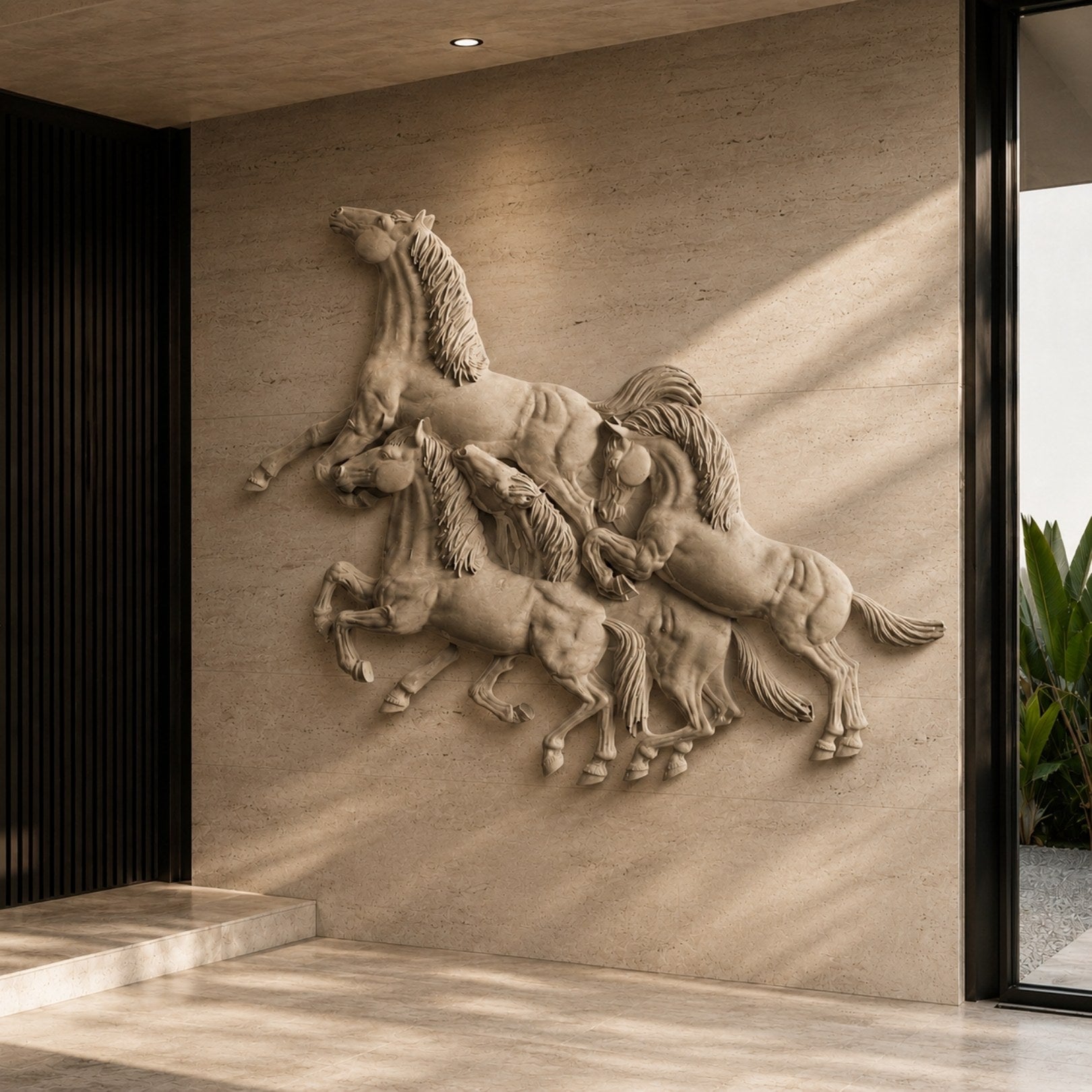 Marble galloping horse group shown fixed to a travertine-clad wall