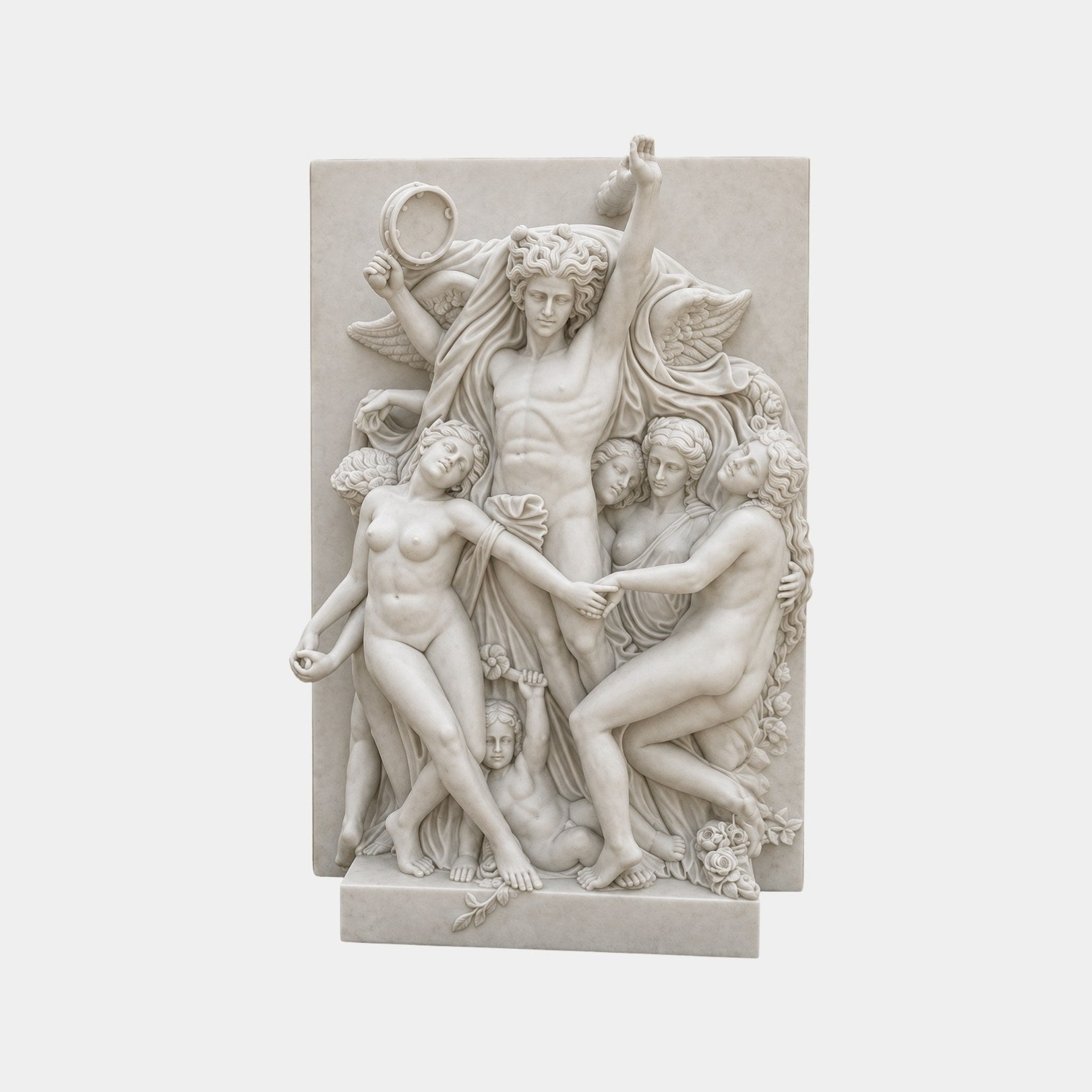 White marble Bacchic relief panel 150cm with a youth and attendant figures