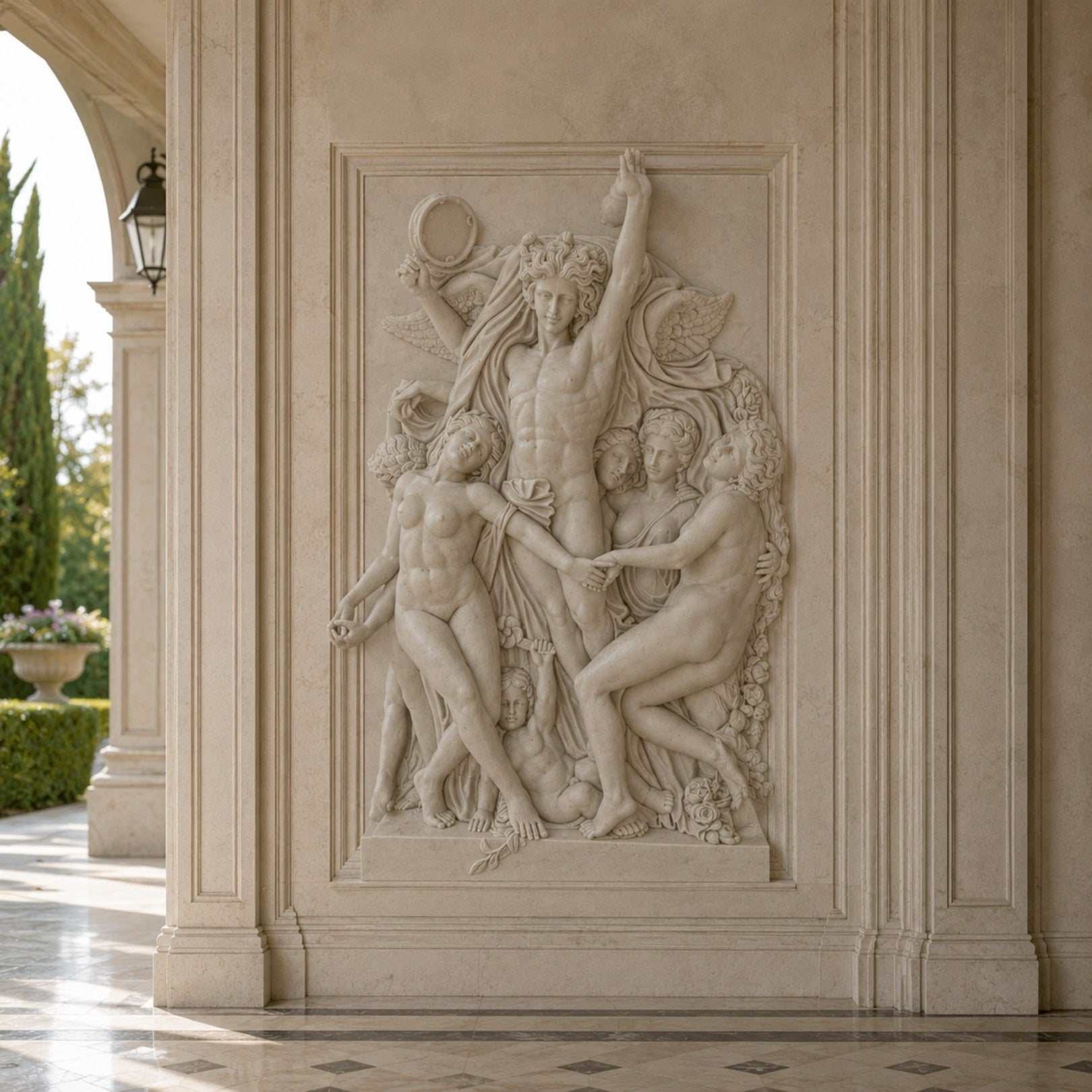 Bacchic marble relief panel shown wall-mounted in a panelled loggia recess
