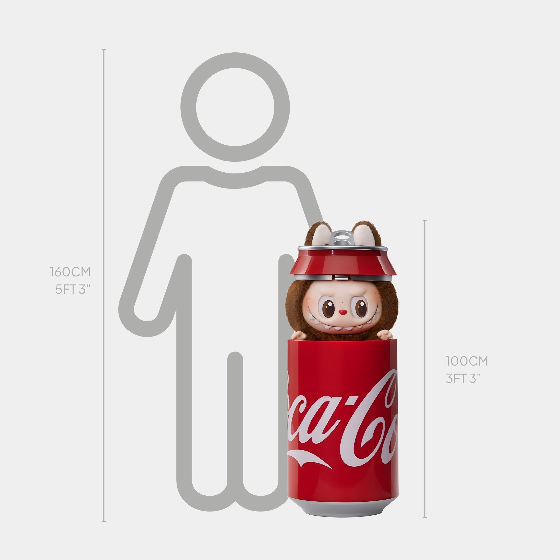 The Giant Sculptures Coca-Cola Can Pop-Up Labubu Sculpture (100cm) features a toy character in animal attire emerging from a Coke can, shown before a gray human silhouette with height markers at 160 cm and 100 cm.