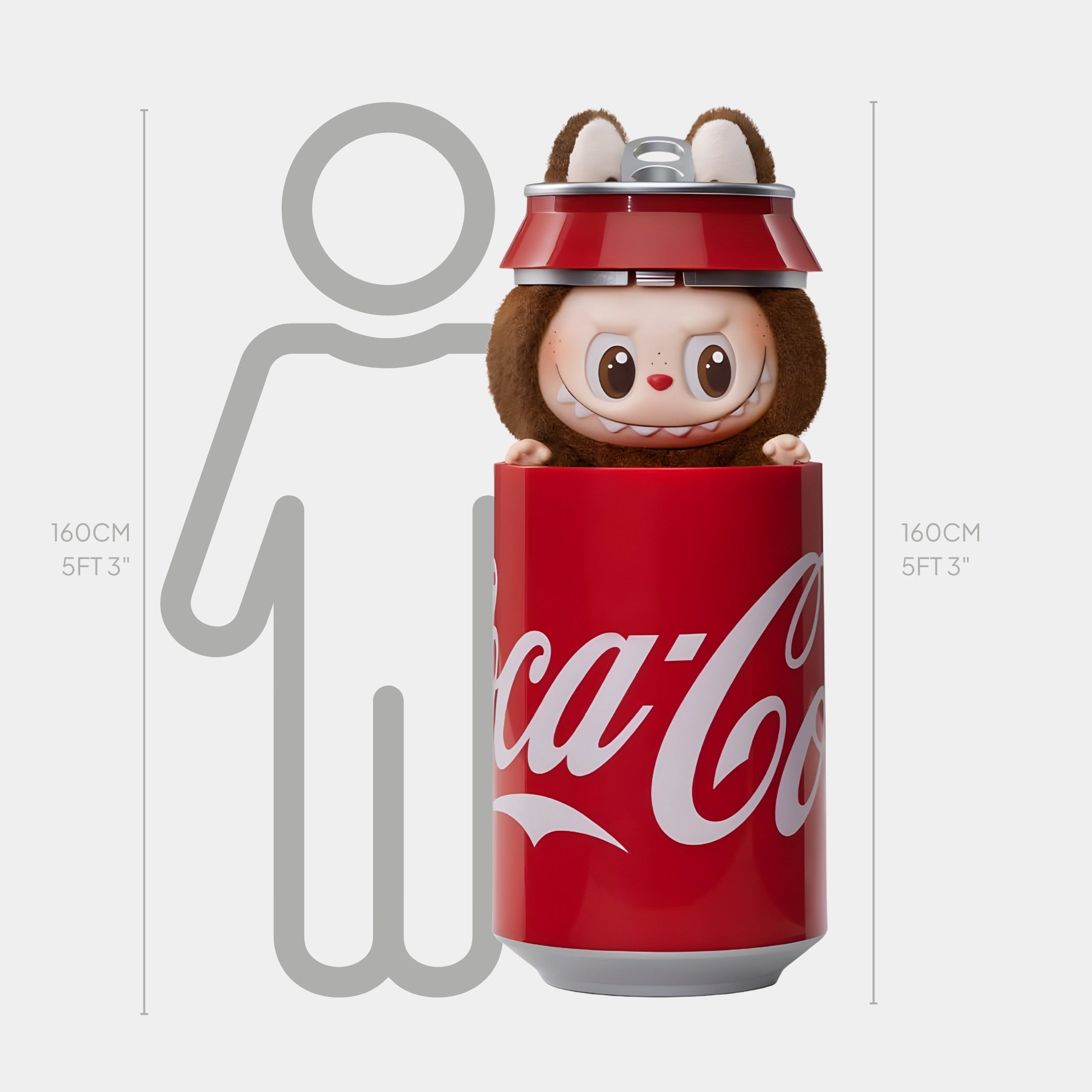 The Coca-Cola Can Pop-Up Labubu Sculpture - 160cm by Giant Sculptures features a cute cartoon character in a fuzzy brown costume with ears, standing as tall as an adult and paired with a giant Coca-Cola can.