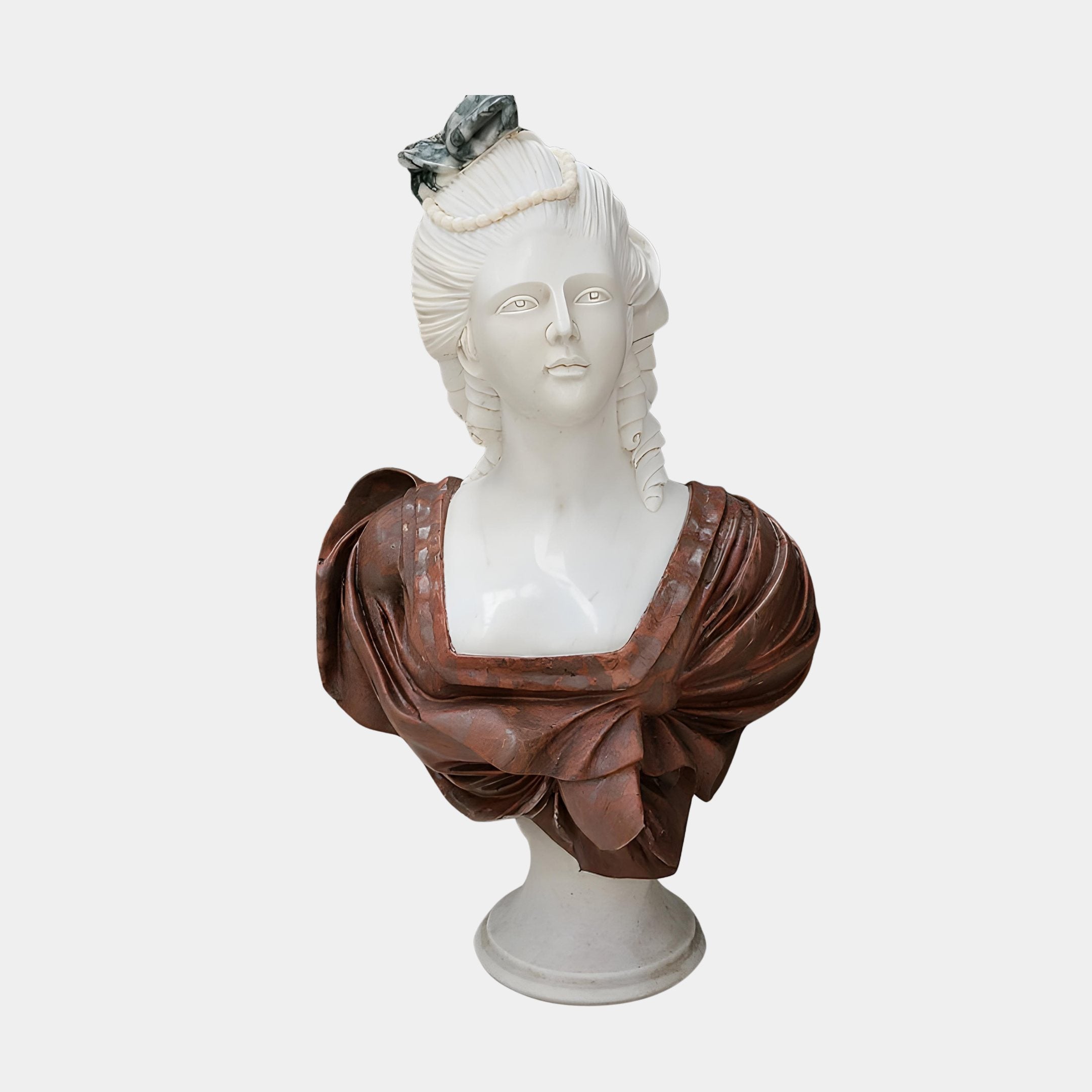 The Female Marble Bust Sculpture - 65cm by Giant Sculptures features a two-tone design with a white face, styled hair, bow, and detailed brown draped garment over the shoulders, set against a plain white background.