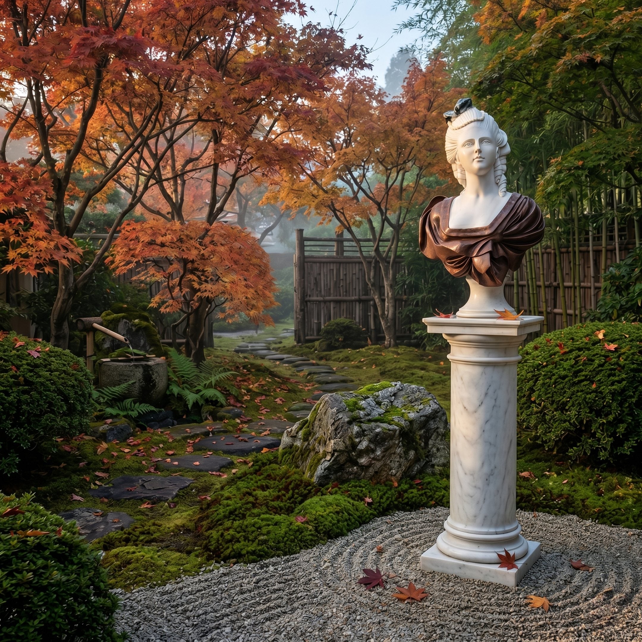 The Female Marble Bust Sculpture - 65cm by Giant Sculptures stands on a pedestal in a serene garden with autumn leaves, stone paths, moss, and a bamboo fence in the background. Fallen leaves are scattered on the ground.