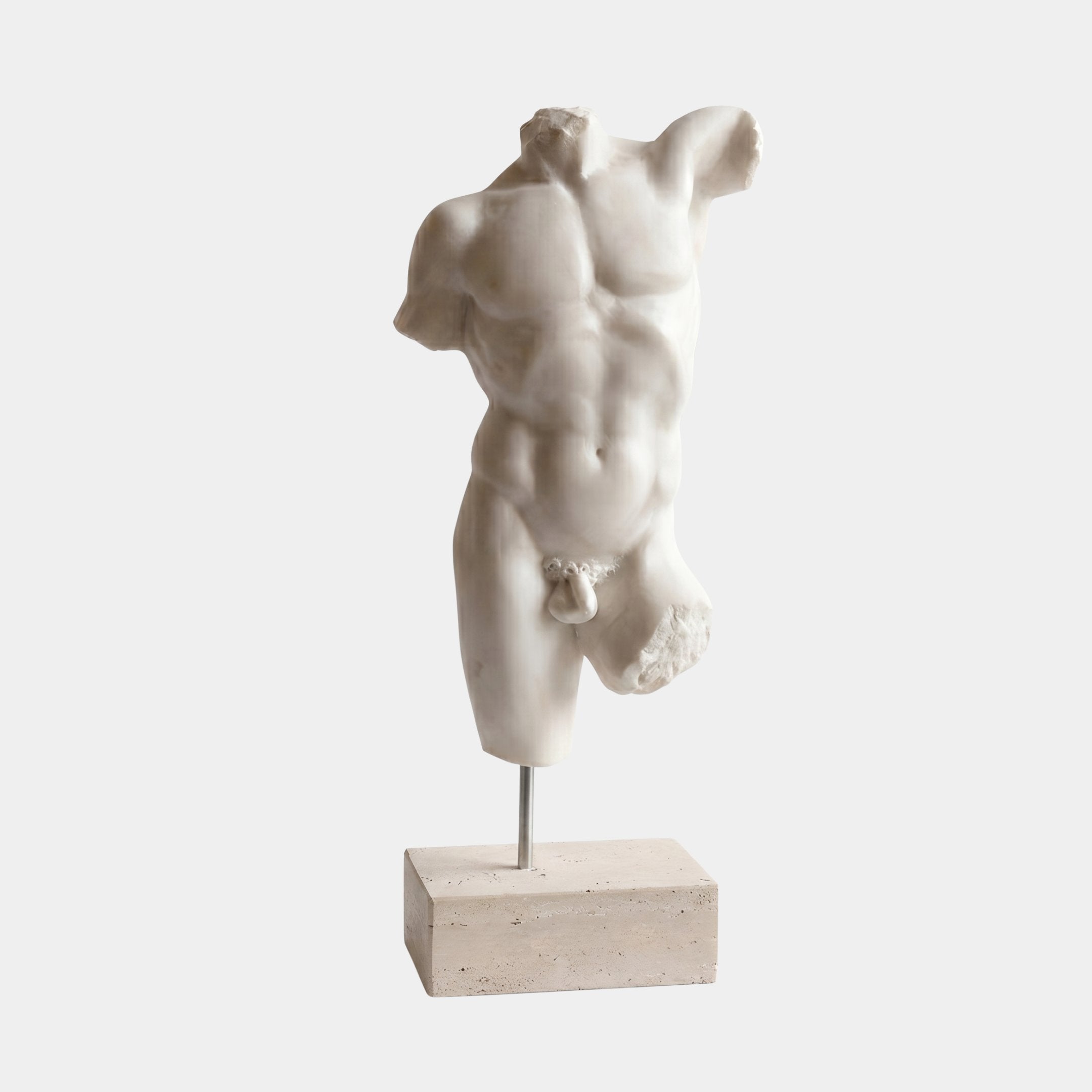 The Classical Male Marble Torso Sculpture - 100cm by Giant Sculptures features a headless, armless male figure in white marble, mounted on a rectangular base, set against a plain background.