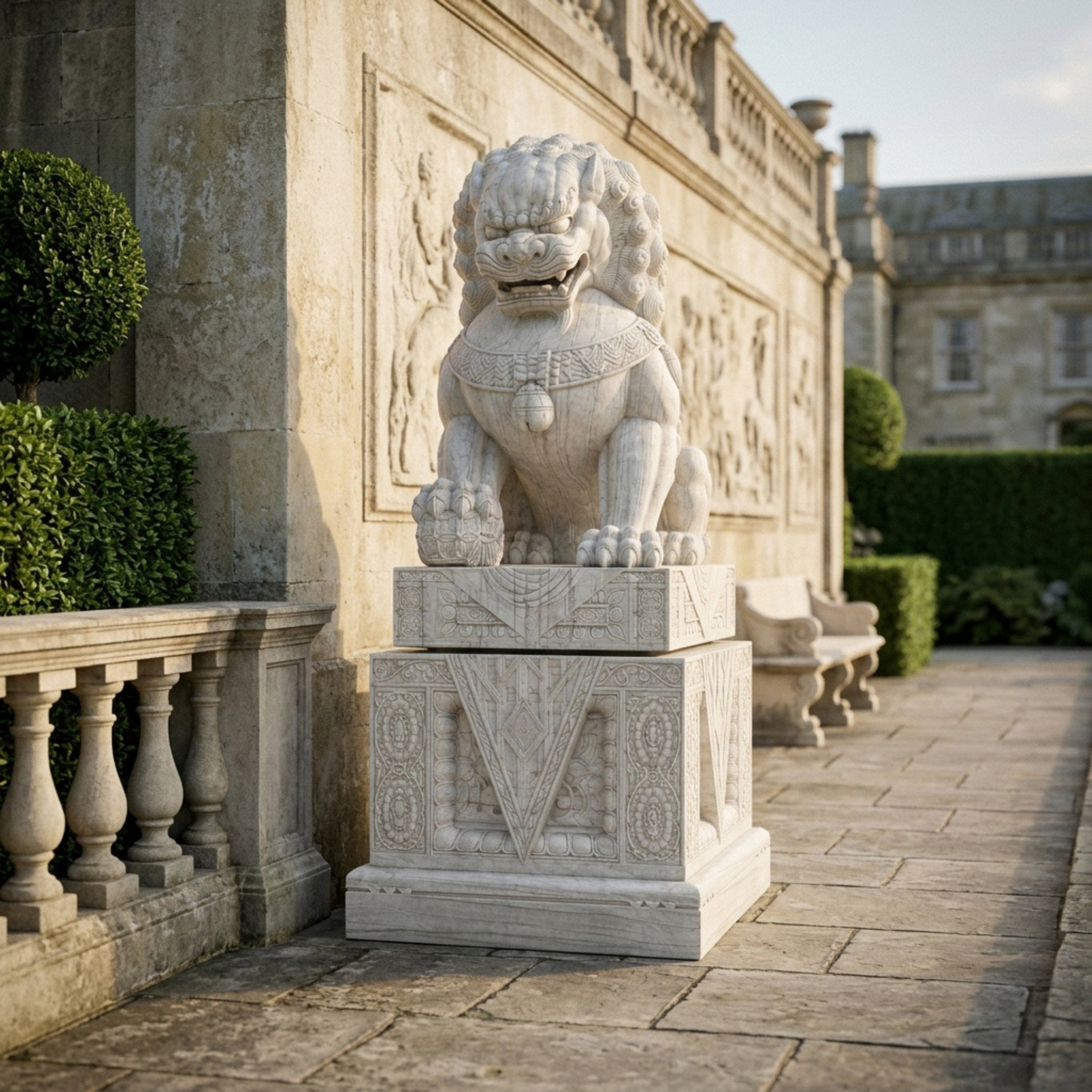 Tall Guardian Lion Cream Marble Statue - 260cm seated with paw on ball, on a carved plinth with medallion panels, set beside a stone balustrade and garden wall.