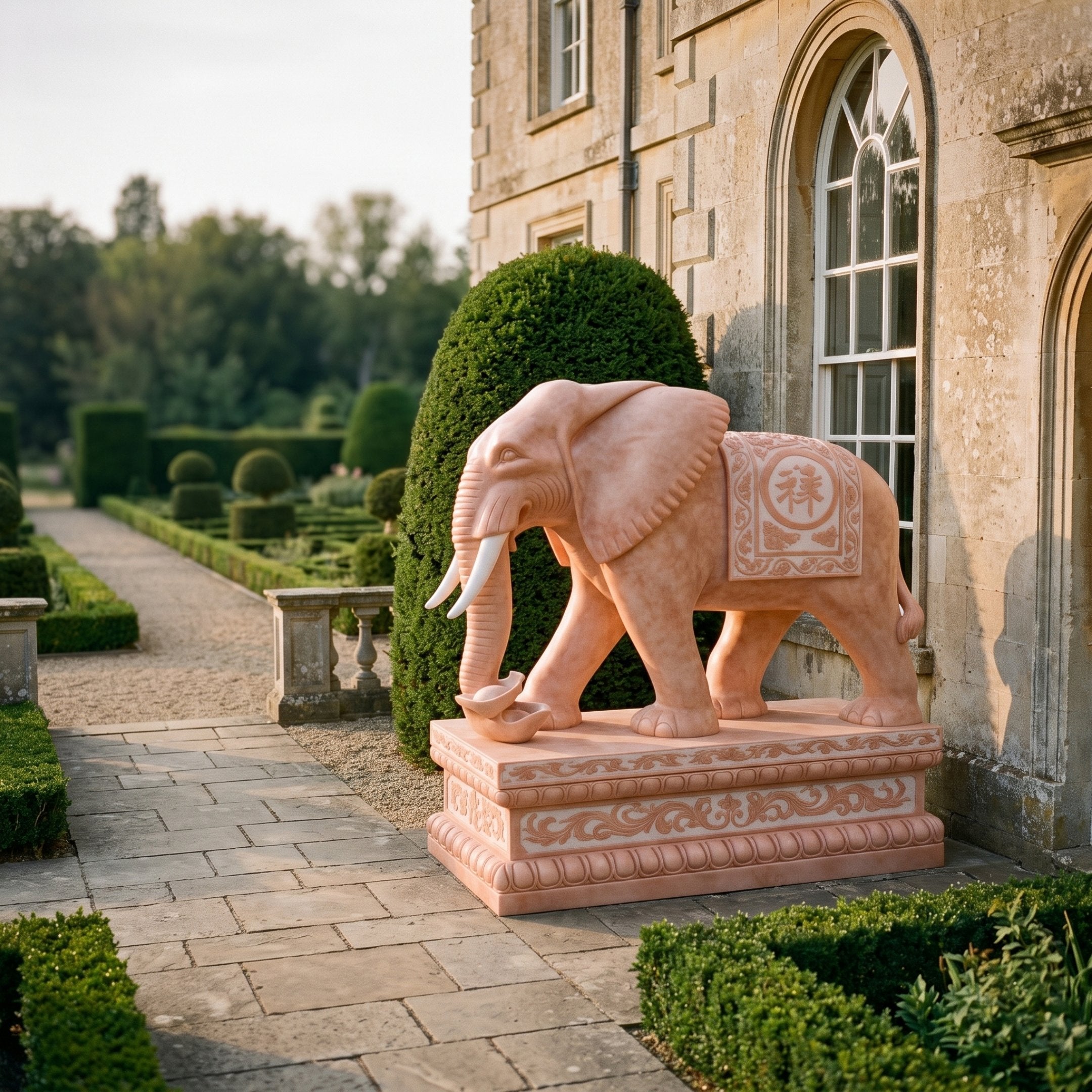 Elephant in Salmon Pink Marble Statue - 220cm on a carved pedestal in a garden pathway, shown in profile with tusks forward and a scrolled cloth roundel on its side.