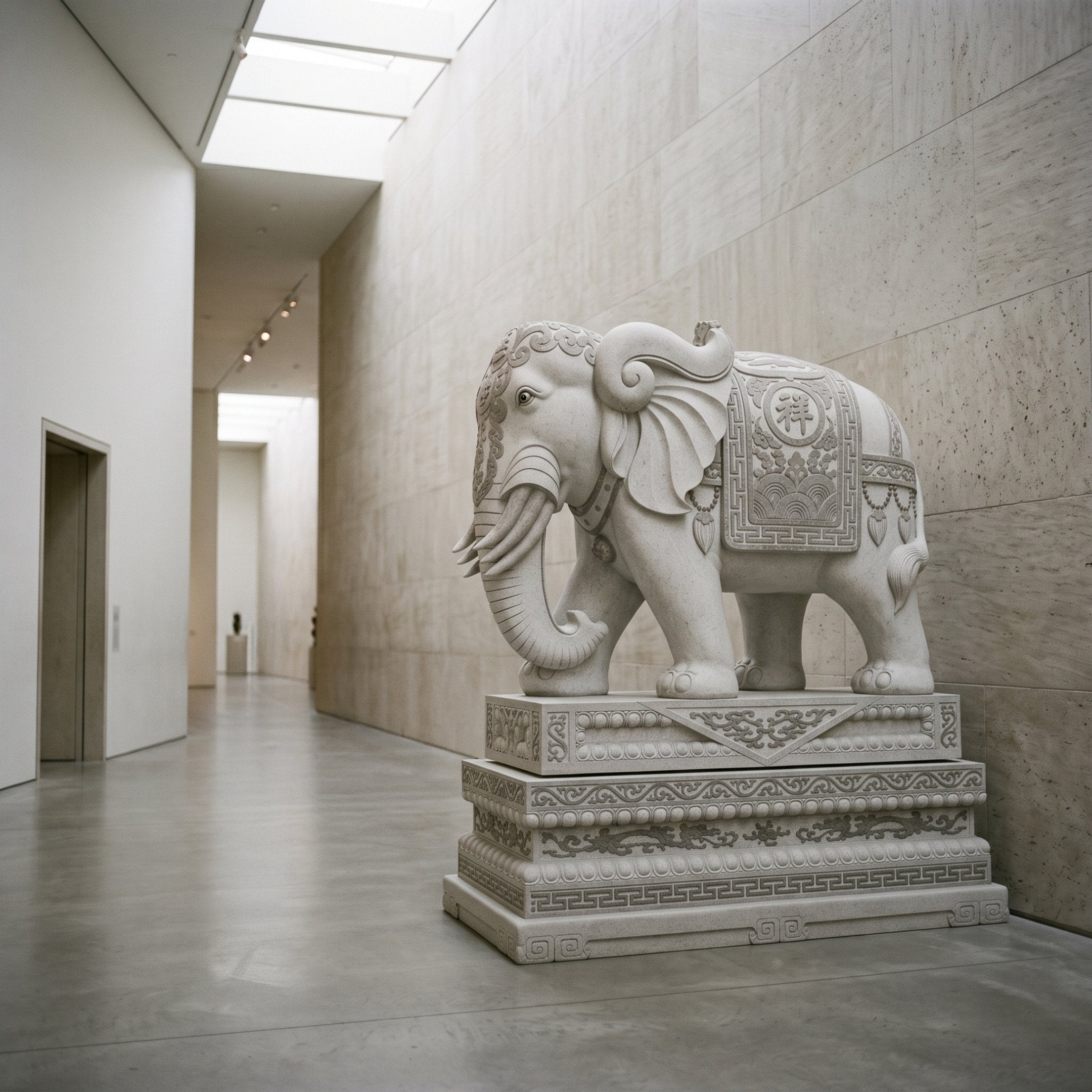 Caparisoned Elephant Grey Granite Statue - 260cm, carved in profile with ornate headpiece and draped panels, displayed on a tiered pedestal in a stone-walled gallery corridor.