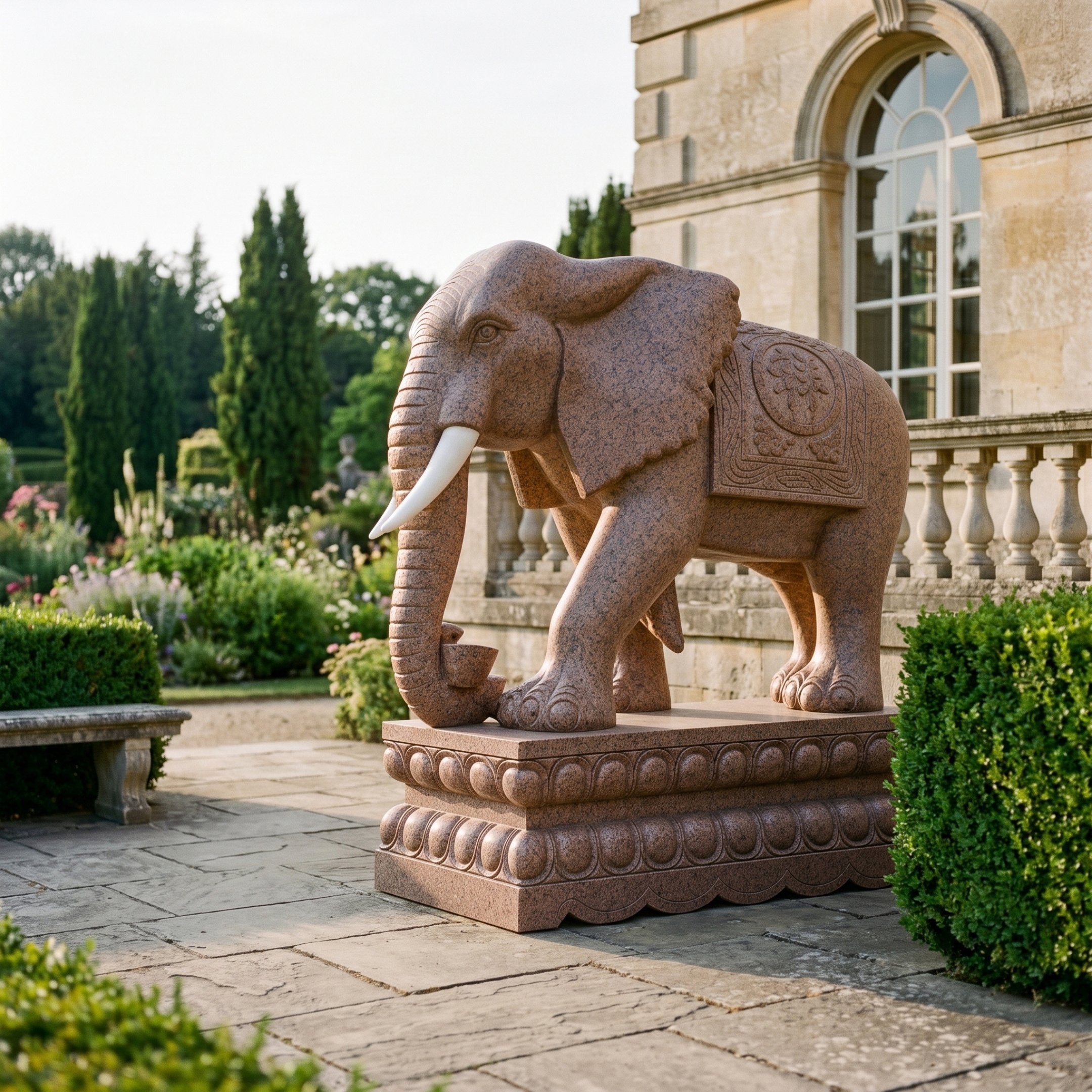 Elephant in Red Granite Statue - 240cm, carved with tusks and draped cloth roundel, displayed on a stone patio beside a stately building.