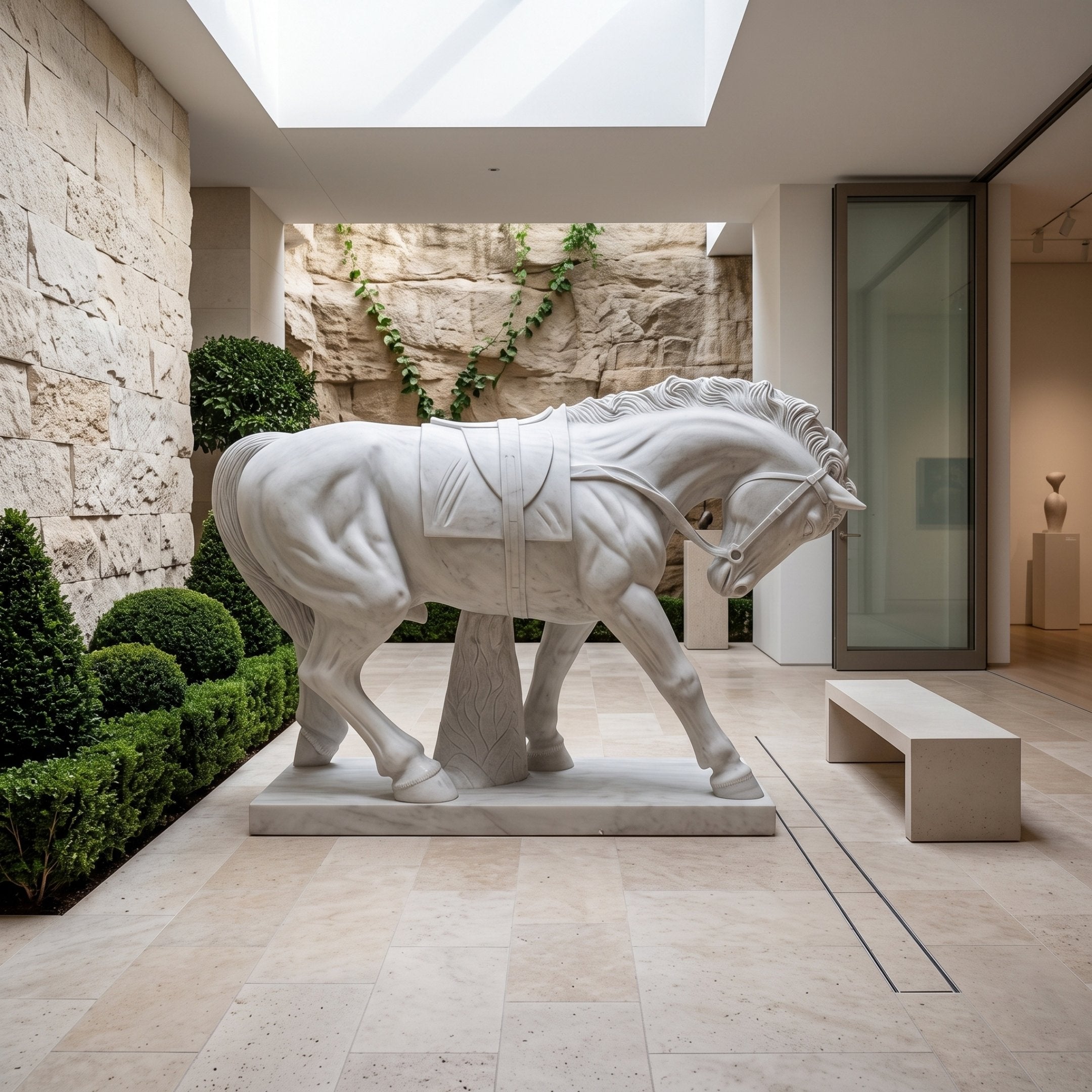 Standing Saddled Horse White Marble Statue, 190cm, shown with lowered head and lifted foreleg on a slab base in a courtyard beside stone walls and greenery.