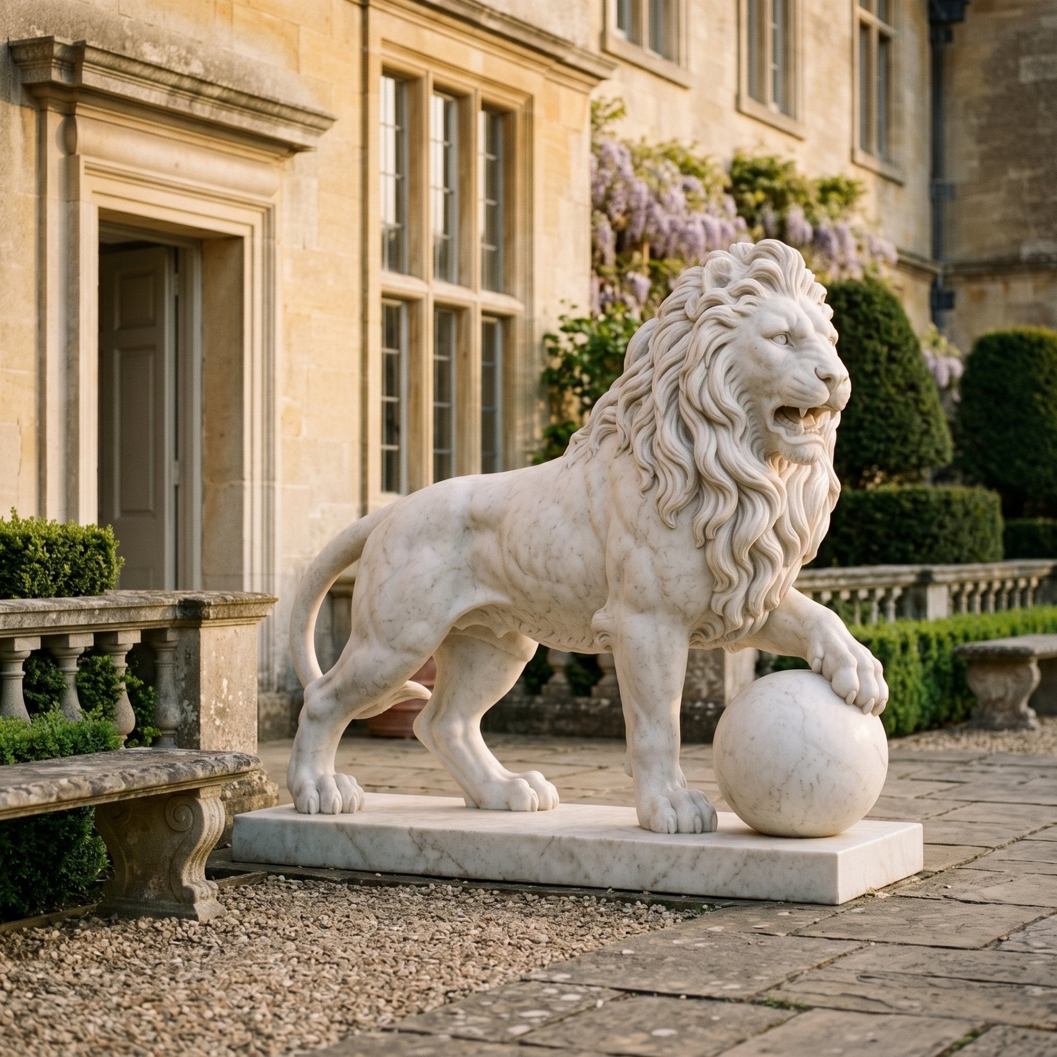 Standing Lion With a Paw on a Sphere Marble - 180cm by Giant Sculptures, cream-white marble lion in profile with paw on sphere, on a flat base outside a stone manor courtyard.