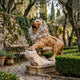 Roaring Lion on a Rock Outcrop Stone Statue - 120cm, beige stone lion with paw raised on rock, set on a garden patio near a stone wall and hedges.