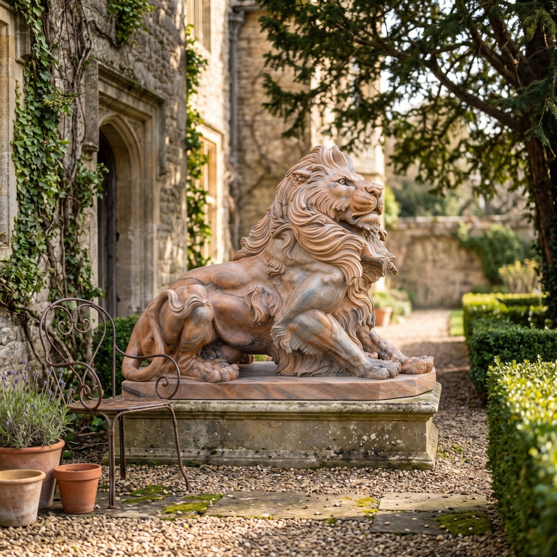 Couchant Lion With a Curled Tail Pink Marble Statue, 175cm, by Giant Sculptures, shown on a stone plinth in a courtyard garden beside ivy-covered walls.