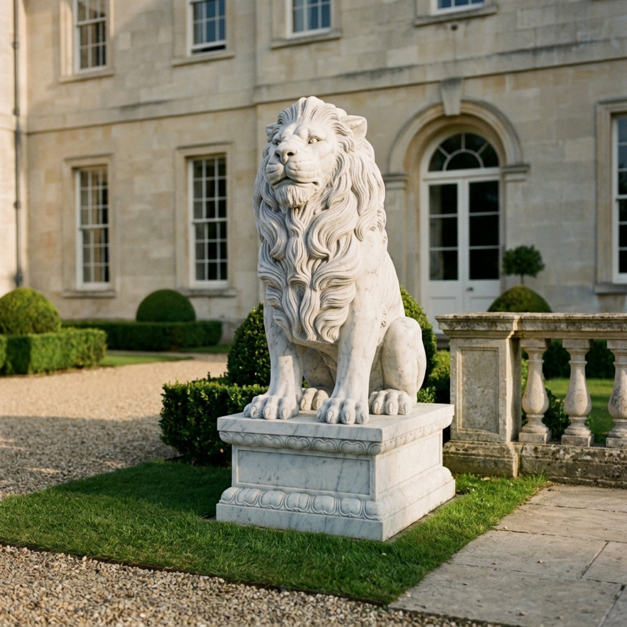 Seated Lion With a Calm Face Marble Statue - 215cm, white marble sculpture on a moulded pedestal, displayed on a stone terrace in front of a manor house.