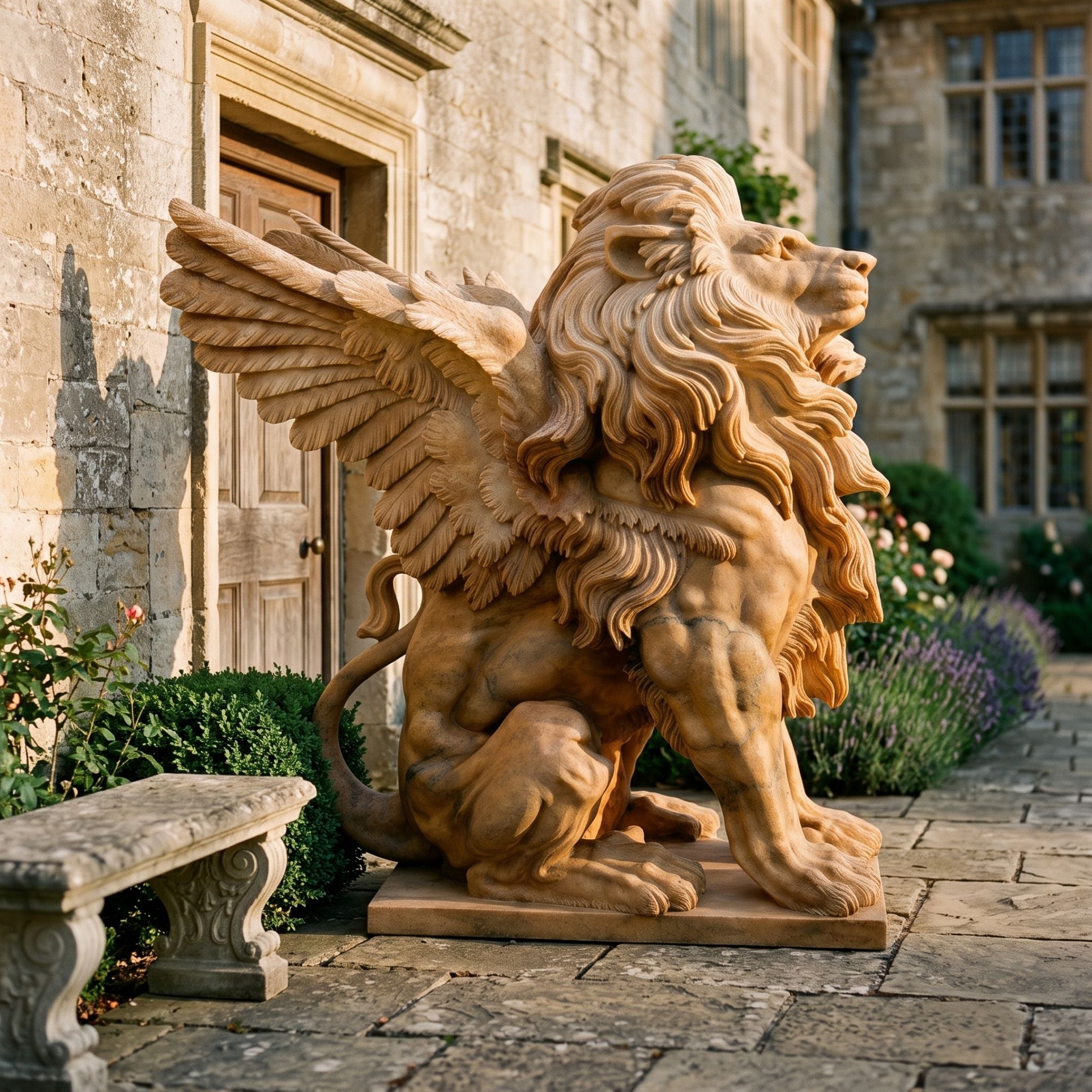 Seated Winged Lion Honey Marble Statue, 205cm, shown outdoors by a stone doorway with raised feathered wings, turned head, and a curled tail on a bevelled base.