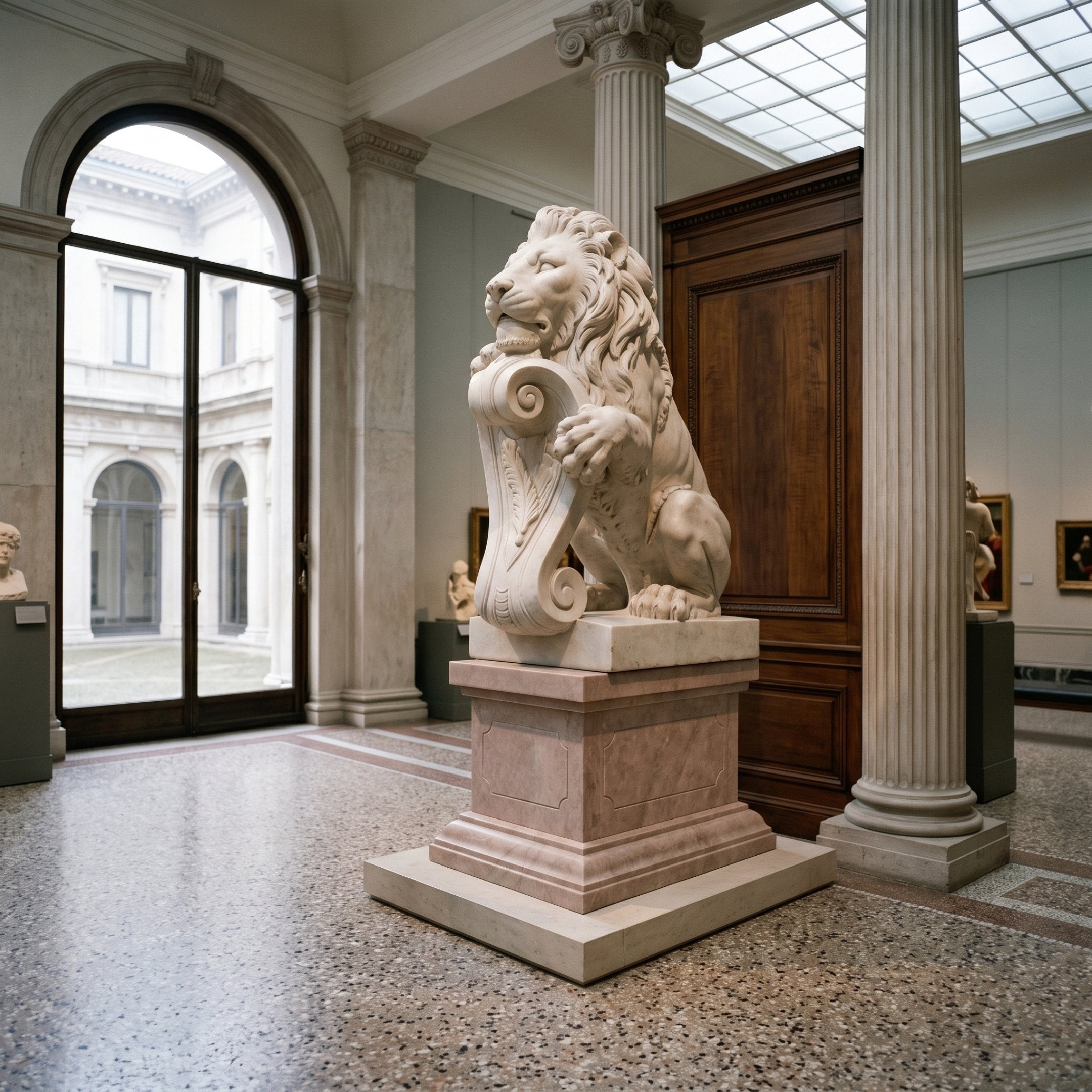 Seated Lion With a Scrolled Cartouche Marble Statue - 210cm displayed on a pedestal in a gallery hall with columns, terrazzo flooring, and an archway view.