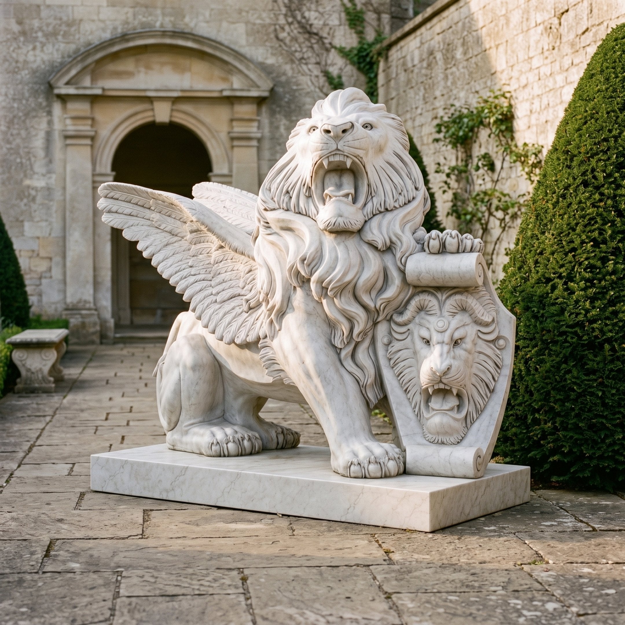 Winged Lion With a Lion Mask Shield Marble Statue - 225cm, roaring with folded wings, paw on a lion-mask shield, on a marble base in a courtyard setting.