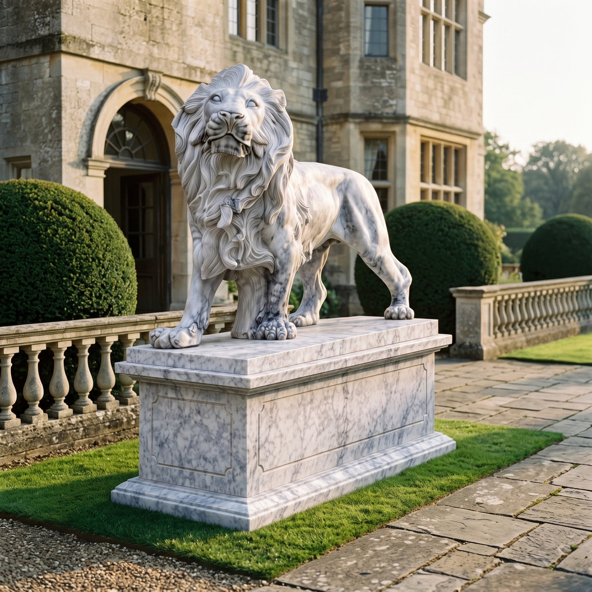 Standing Lion in Clouded Grey Marble Statue - 205cm, head turned outward on a stepped pedestal, set on a stone terrace before a manor house with trimmed hedges.