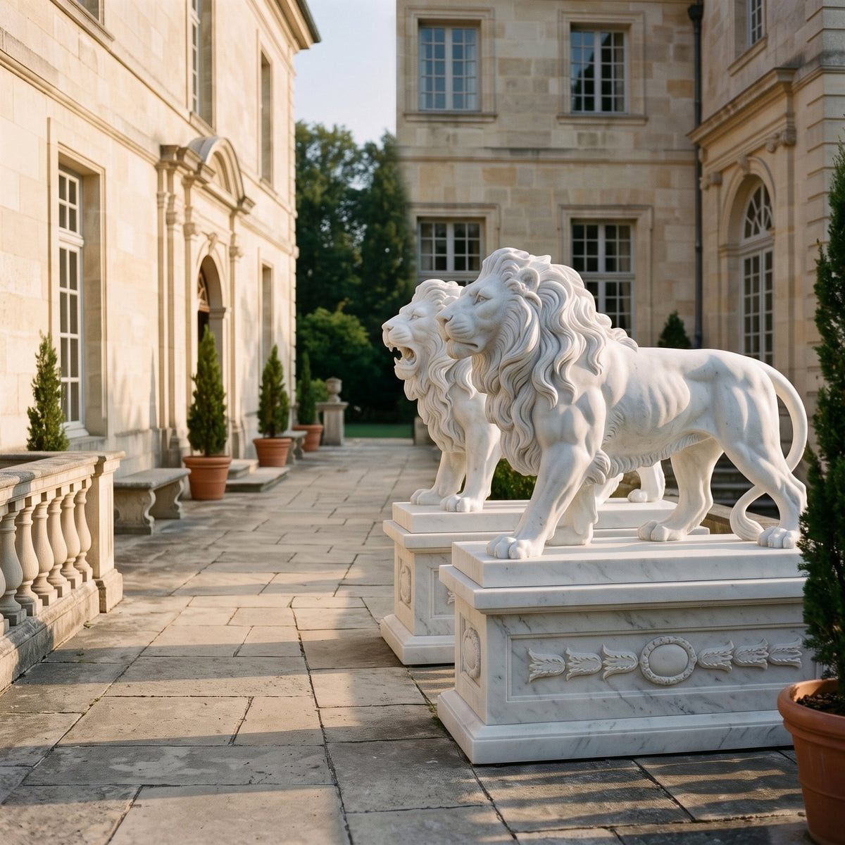 Standing Lion on a Swagged Pedestal Marble Statue, 210cm, white marble lions roaring on a carved pedestal with leaf swags, set on a stone courtyard patio.