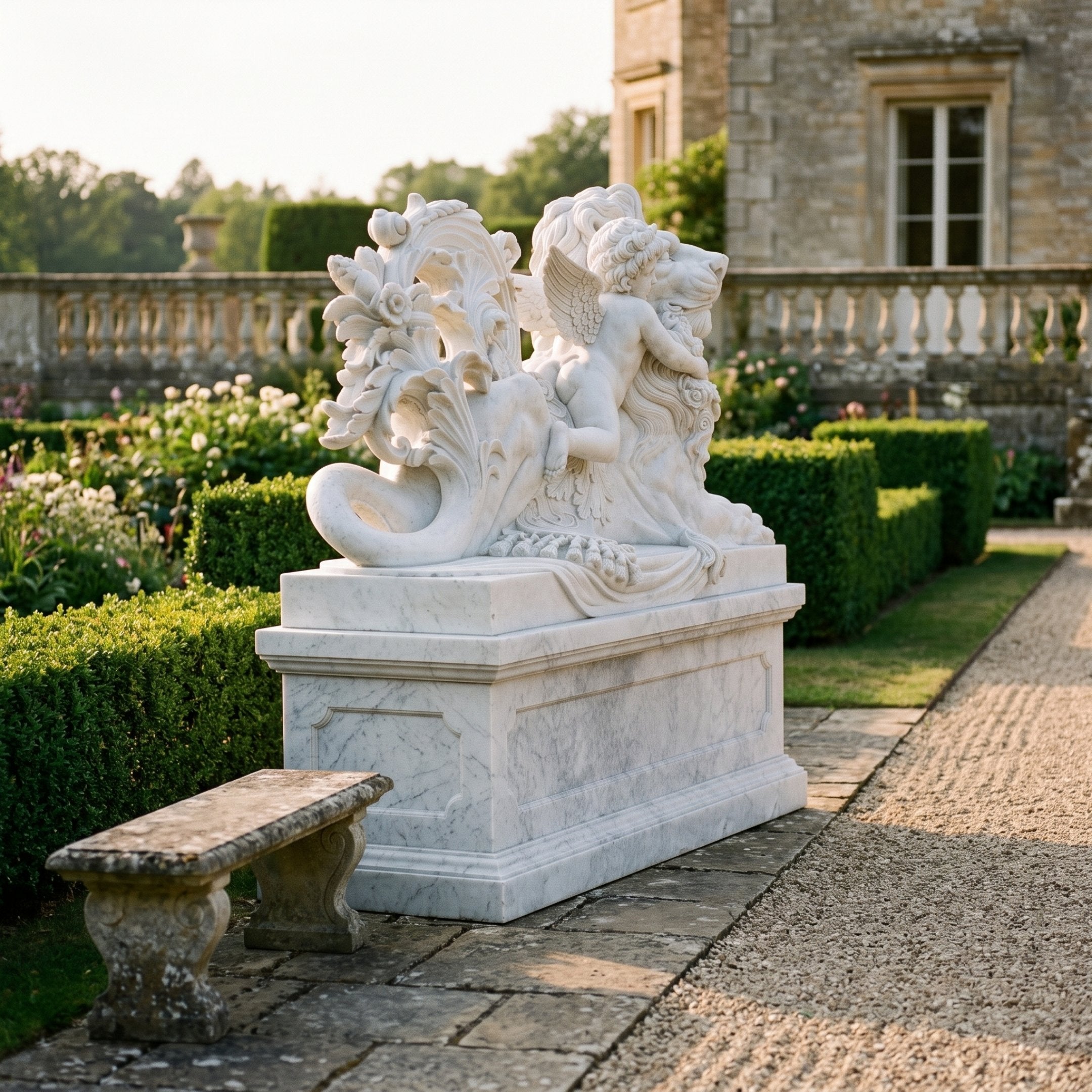 Couchant Lion With a Cherub Marble Statue - 170cm on a marble pedestal in a garden, showing the reclining lion, climbing cherub, and acanthus scroll detail.