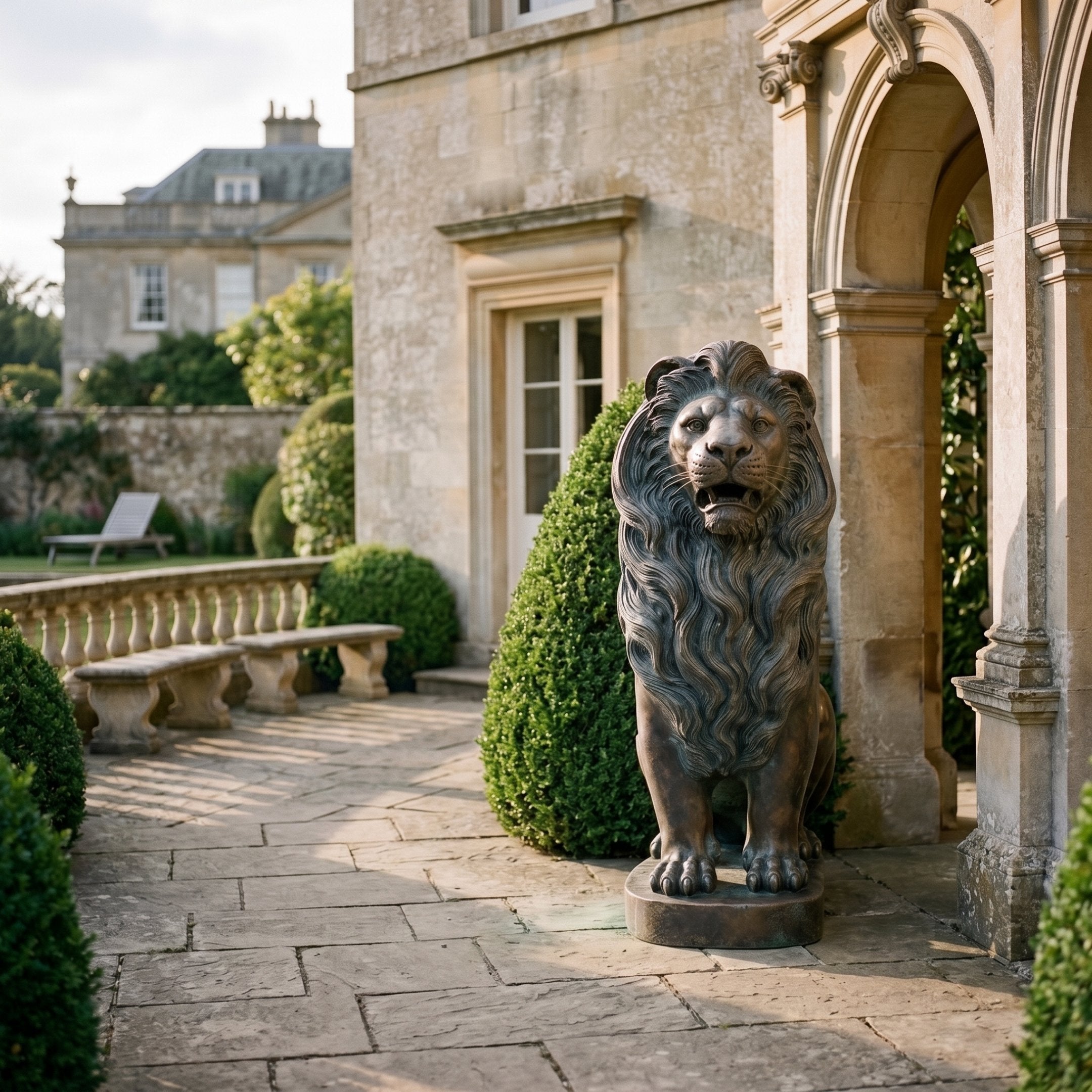 Seated Lion Patinated Cast Bronze Statue - 180cm on a round disc base beside a stone archway, mouth slightly parted, dark bronze finish with topiary and manor house in background.