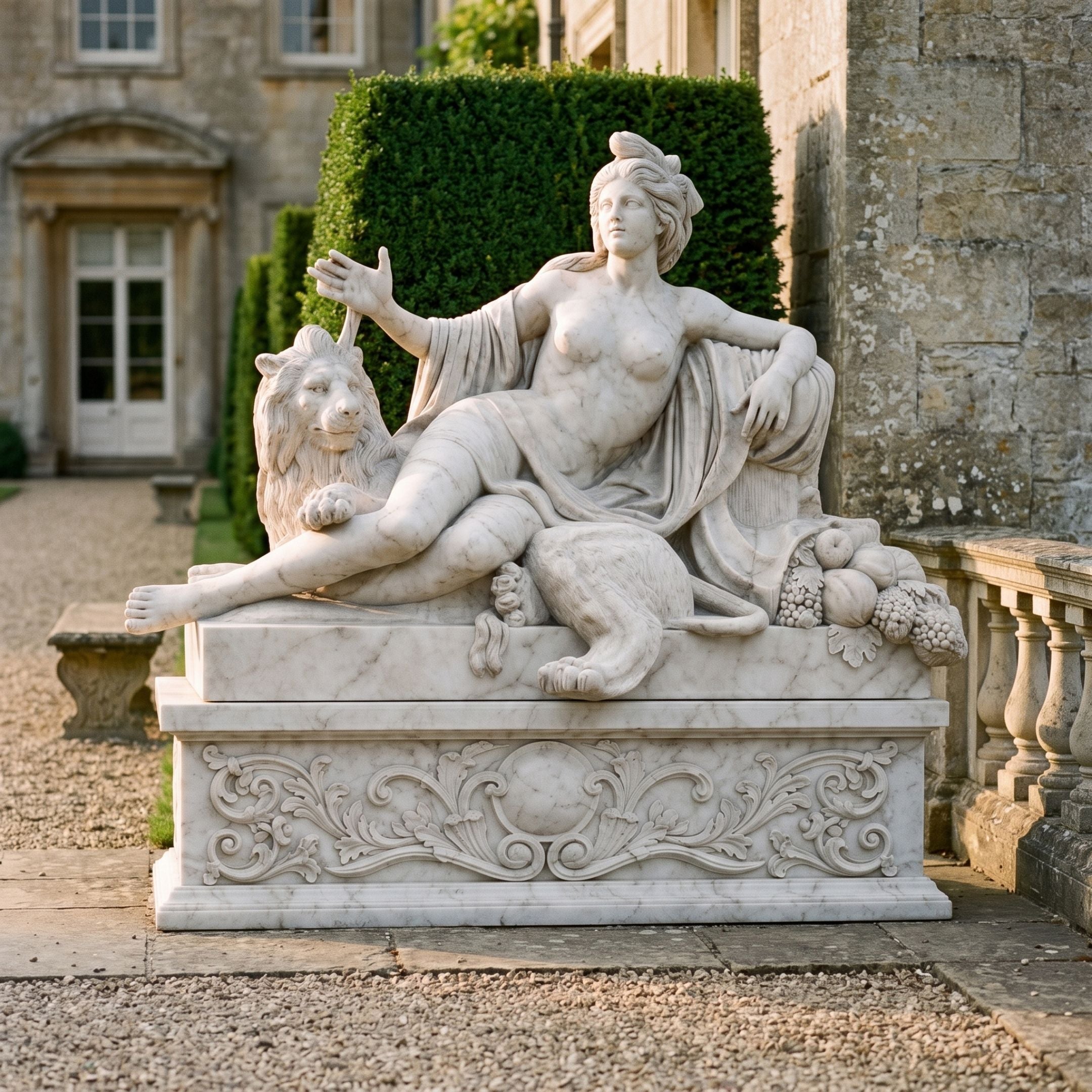 Reclining Woman With a Lion Marble Statue - 180cm by Giant Sculptures, white marble figure leaning on a lion with fruit at her feet, set on a carved pedestal outdoors.