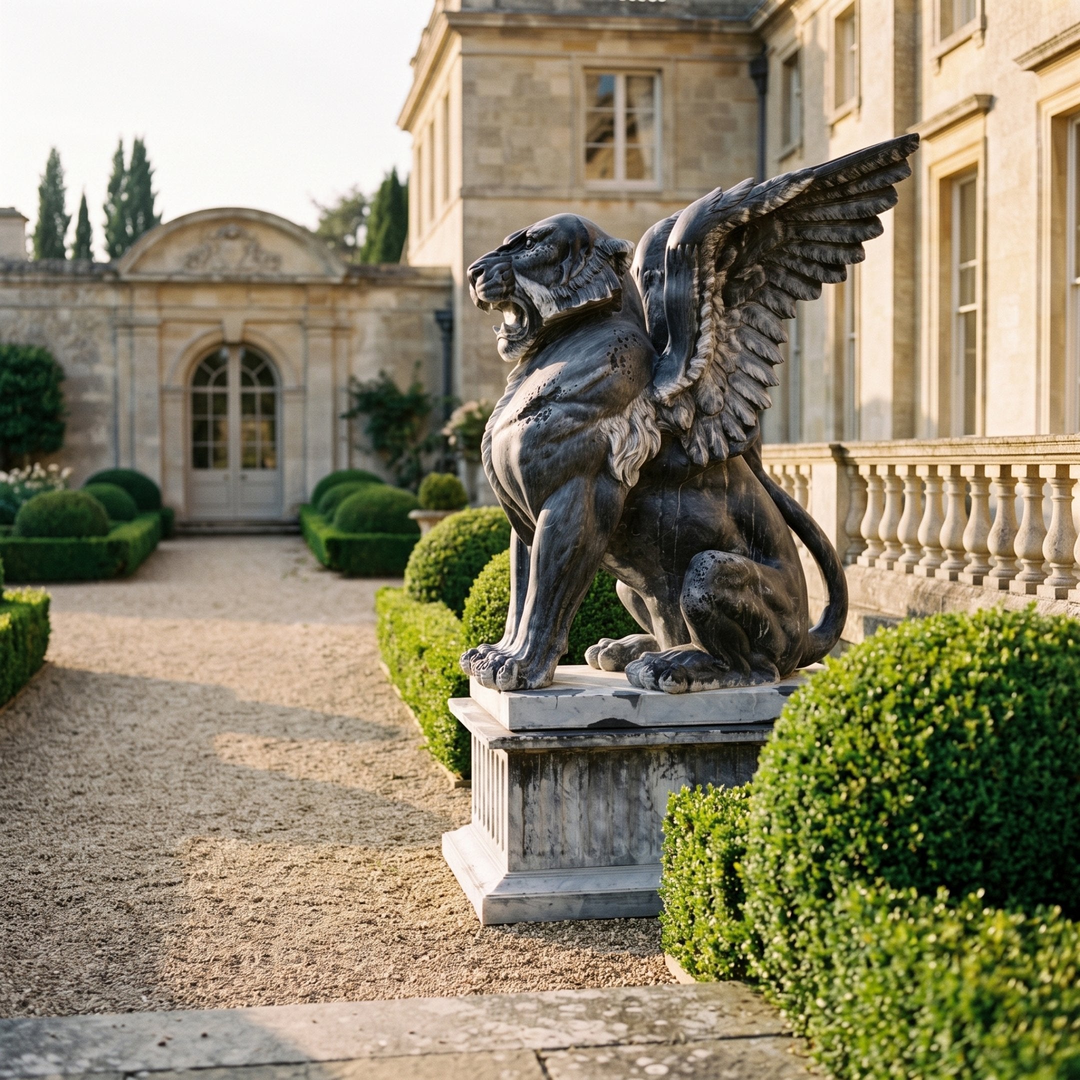 Seated Winged Lion in Black Marble Statue - 220cm on a fluted stone pedestal, roaring with wings raised, set in a courtyard garden by a stone manor.