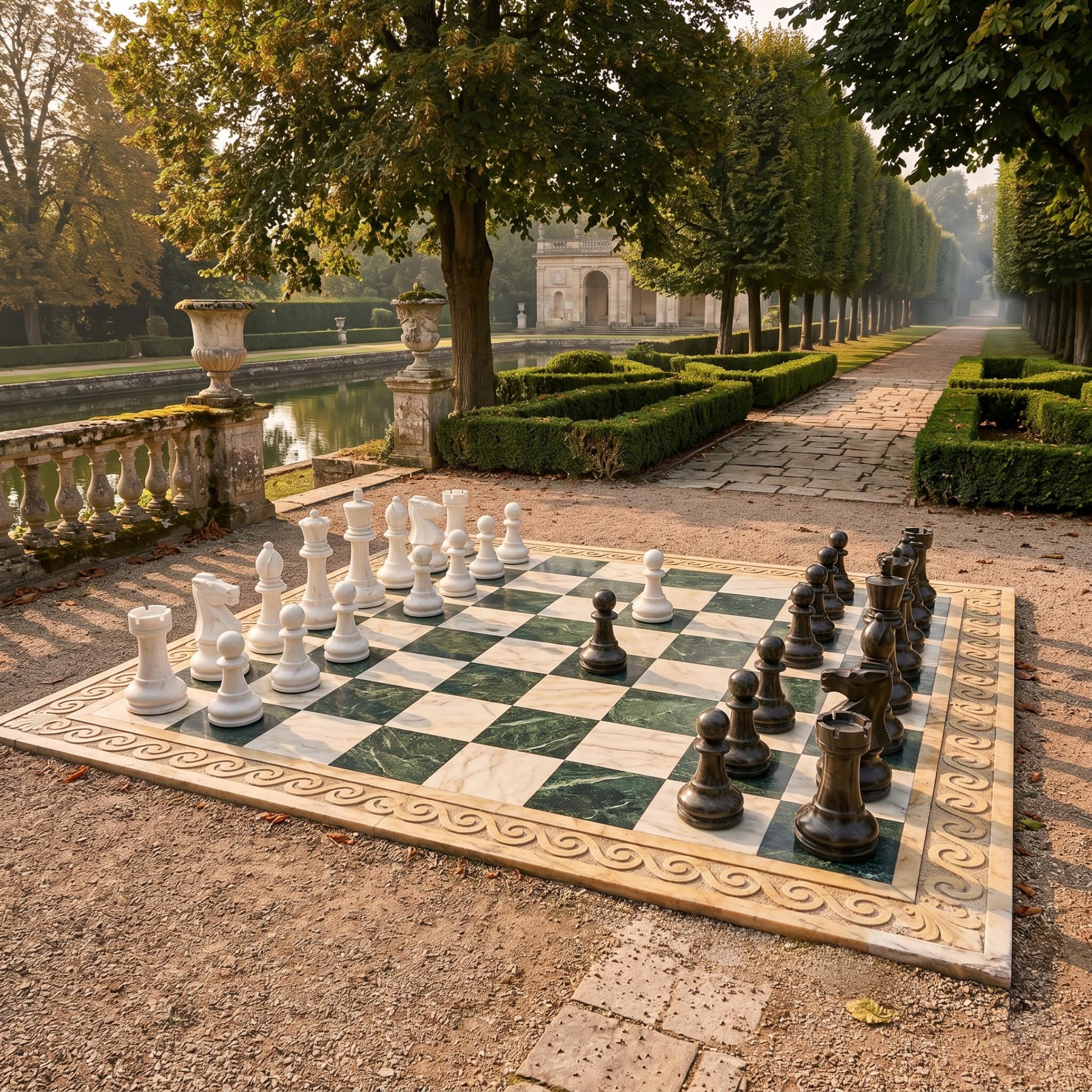 Giant Sculptures' 40cm black and white marble chess set arranged mid-game on a green and cream checkered board in a formal garden with tree-lined path.