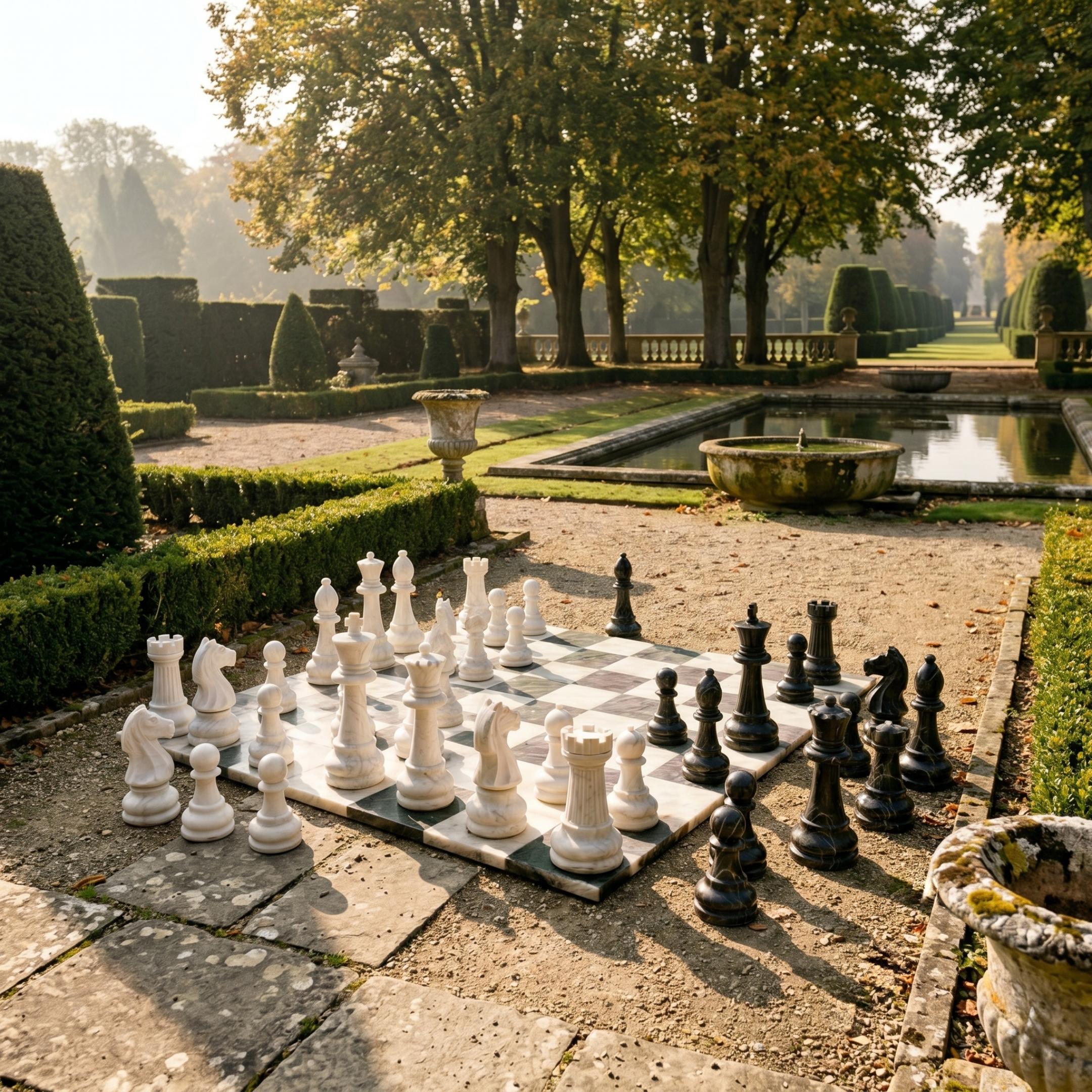 Giant Sculptures 60cm marble chess set with polished white and black pieces arranged mid-game on a checkered board in a formal garden beside a reflecting pool.