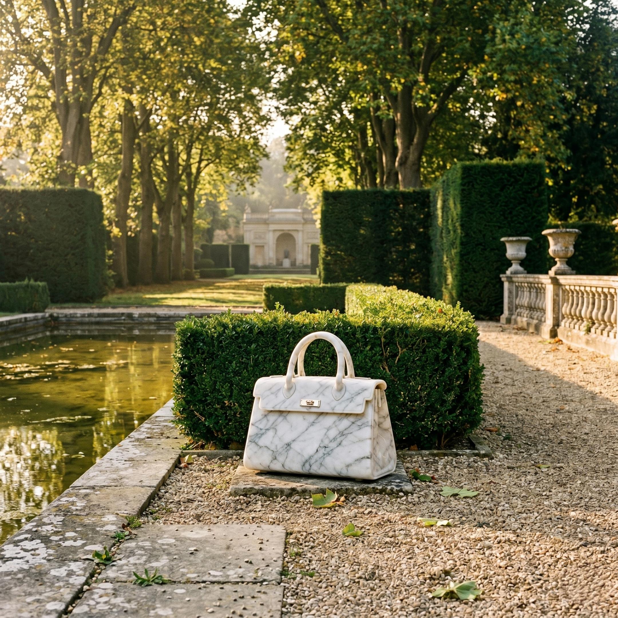 Handbag Marble Sculpture 40cm by Giant Sculptures in white Italian Carrara marble, displayed on gravel beside a reflecting pool in a formal garden.