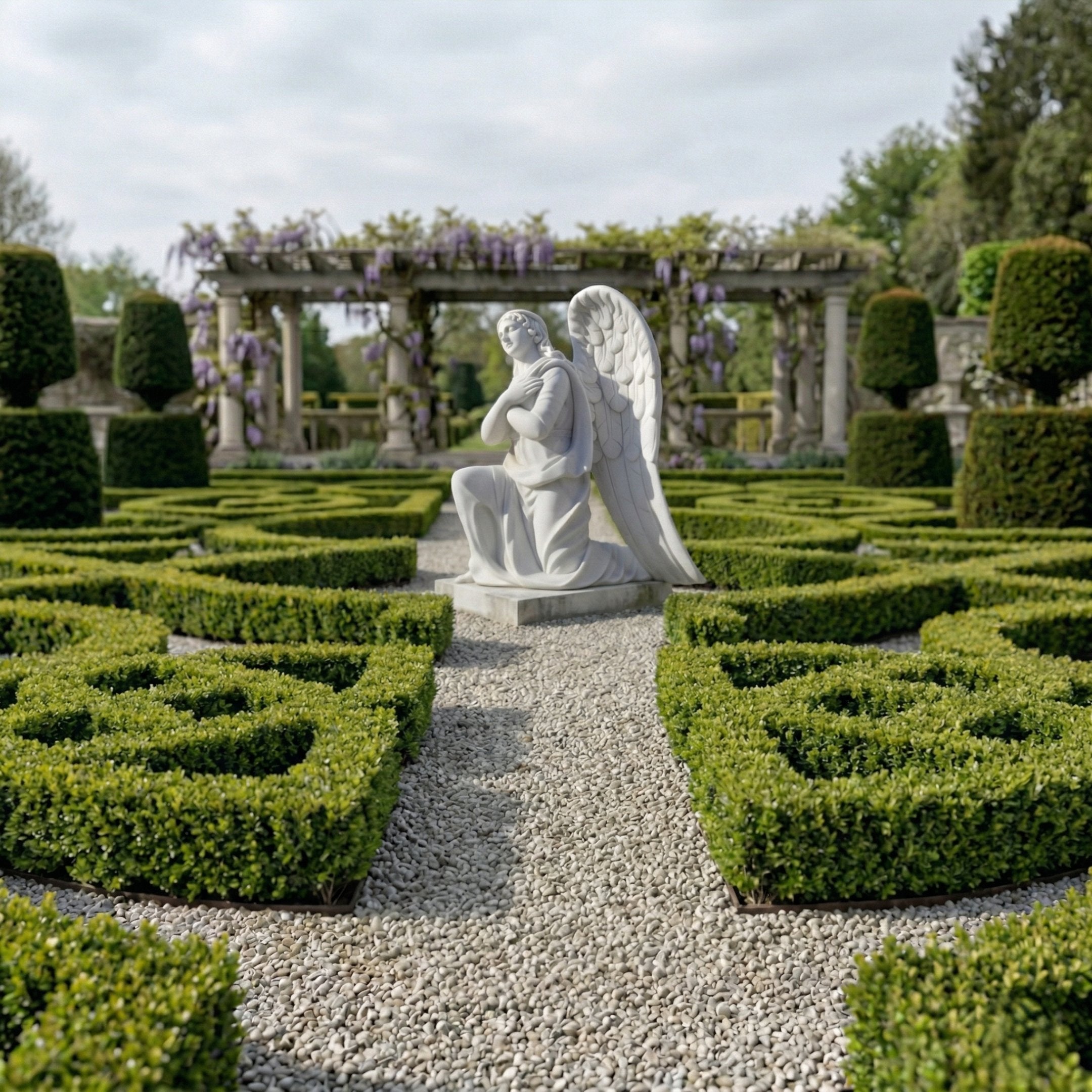 The Devout Kneeling Angel Marble Outdoor Sculpture (140cm) by Giant Sculptures sits on a gravel path in a formal garden, surrounded by manicured boxwood hedges and a pergola adorned with purple flowers.