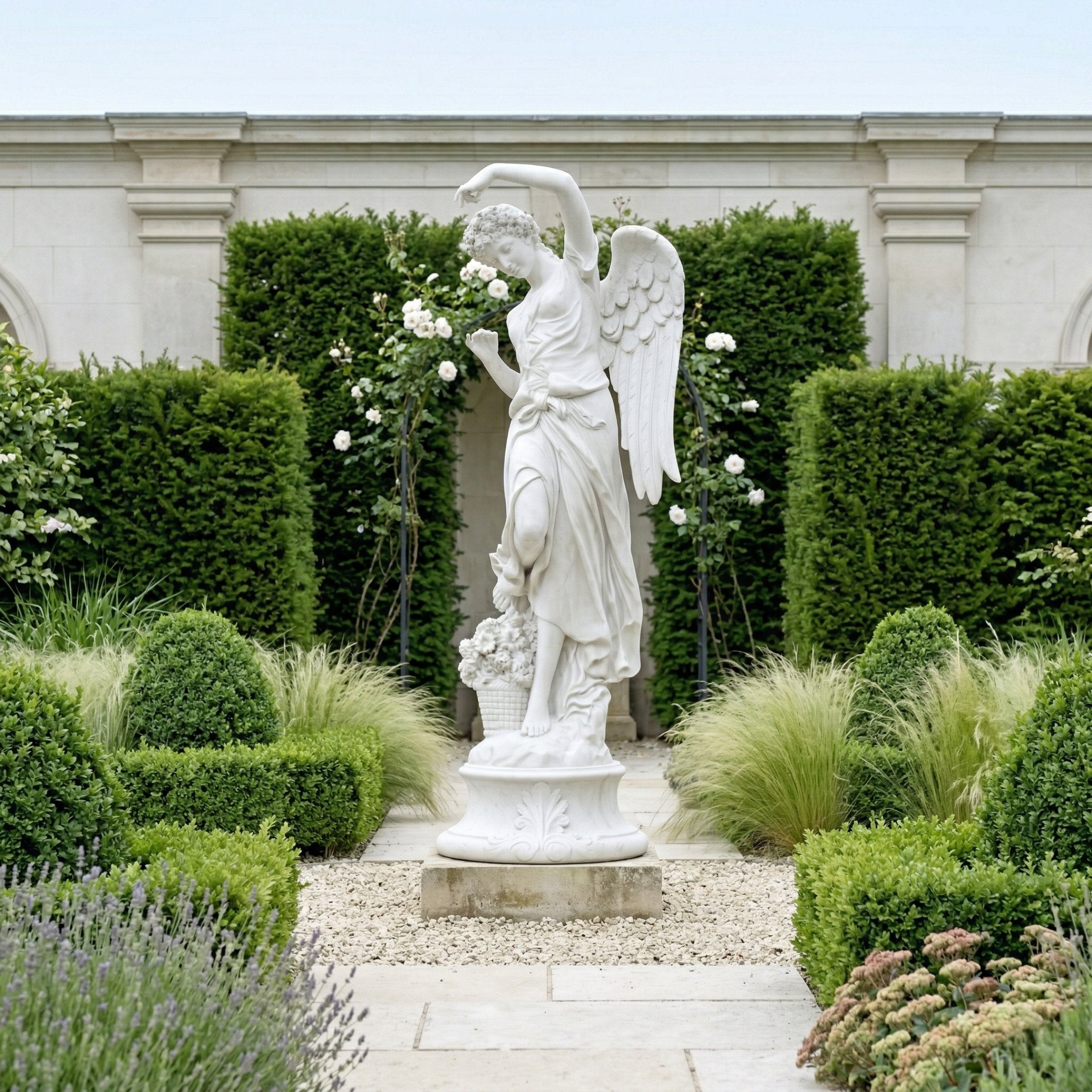 The Dancing Harvest Angel Marble Outdoor Sculpture (260cm) by Giant Sculptures stands in the center of a formal garden with neatly trimmed hedges, blooming plants, a stone pathway, and a tall light-colored wall as backdrop.