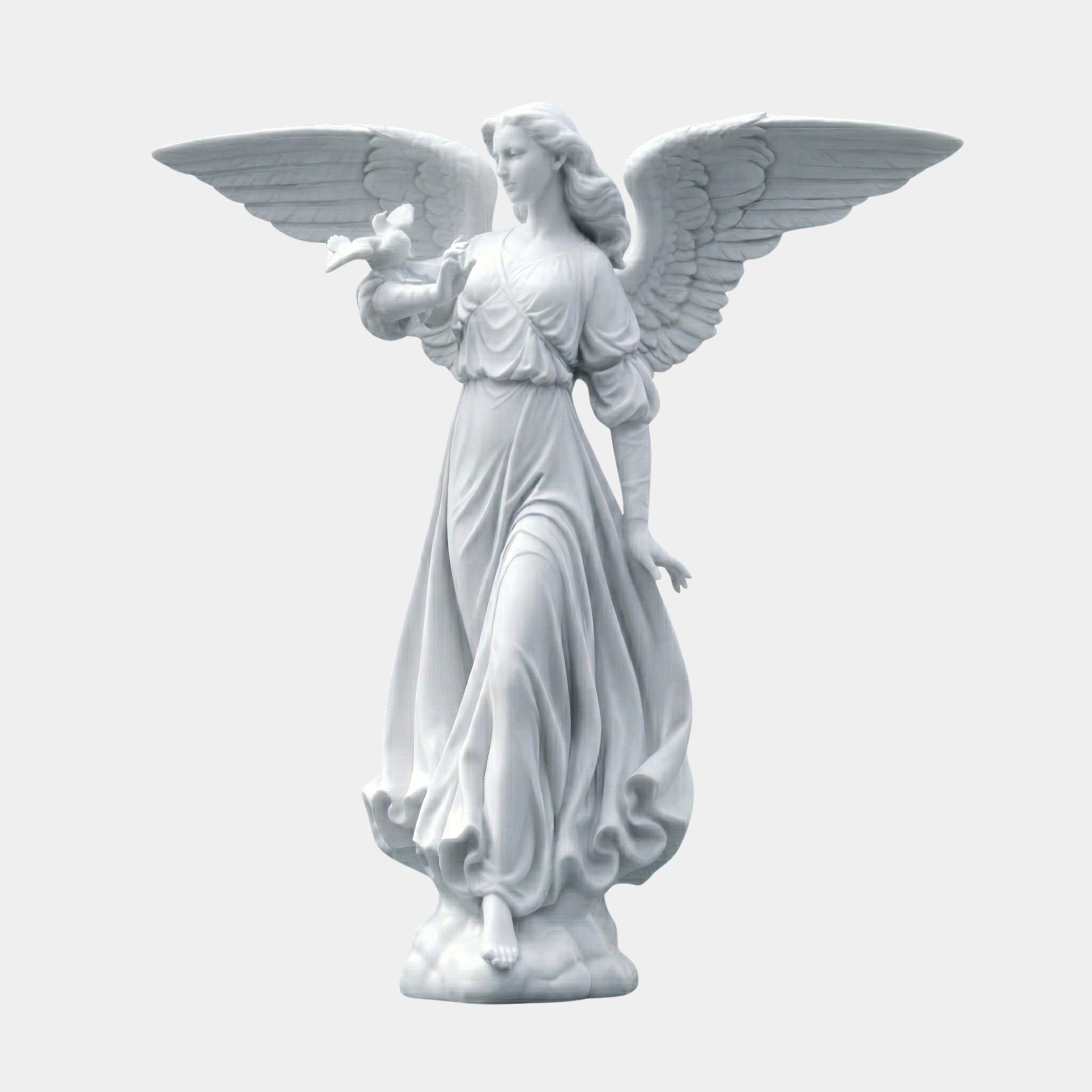 The Gentle Dove Angel Marble Outdoor Sculpture - 180cm by Giant Sculptures features a white marble angel with detailed wings and flowing robes, gracefully holding a bird—an elegant outdoor statue that brings serenity to any garden.