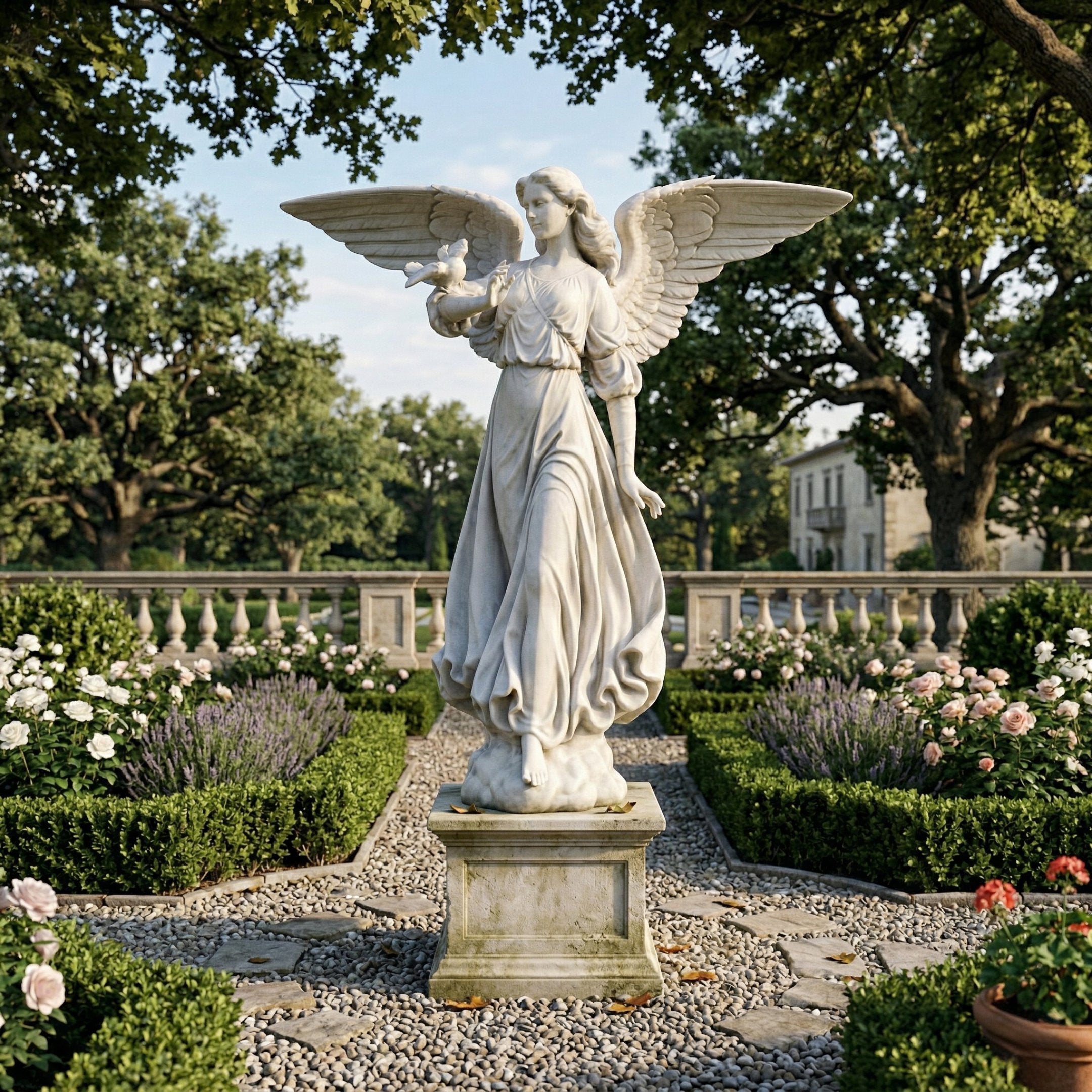 The Gentle Dove Angel Marble Outdoor Sculpture by Giant Sculptures (180cm) stands in a formal garden with blooming flowers, shrubs, gravel paths, tall trees, and a classical building in the background.
