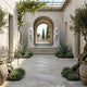 A sunlit Mediterranean courtyard features stone flooring, a metal bench, potted plants, and two Giant Sculptures Lion With Ball Marble Outdoor Sculptures (180cm) flanking the arched entry. A terrace with cypress trees completes the classic look.