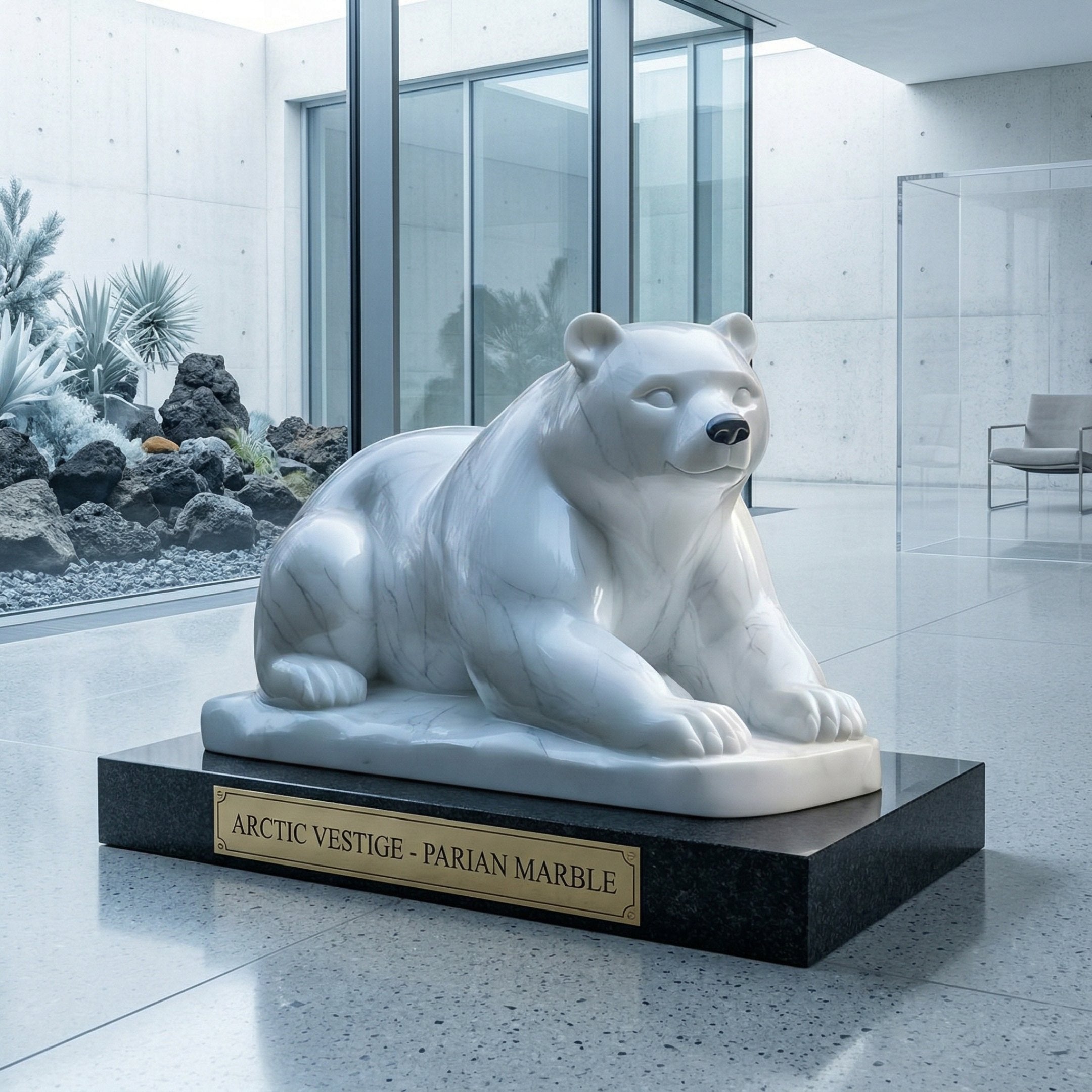 The Resting Polar Bear White Marble Outdoor Sculpture - 65cm by Giant Sculptures features a polished white polar bear on a black base with an ARCTIC VESTIGE - PARIAN MARBLE plaque, ideal as an indoor centerpiece or outdoor art in modern spaces.