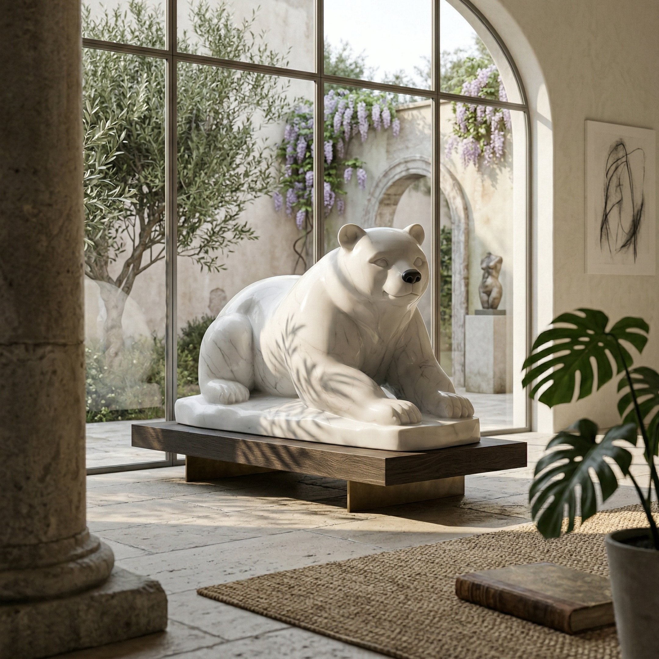 The Resting Polar Bear White Marble Outdoor Sculpture (65cm) by Giant Sculptures sits on a wooden platform in an elegant room with stone floors, tall windows, and potted plants. Sunlight streams in, highlighting the lush garden outside.