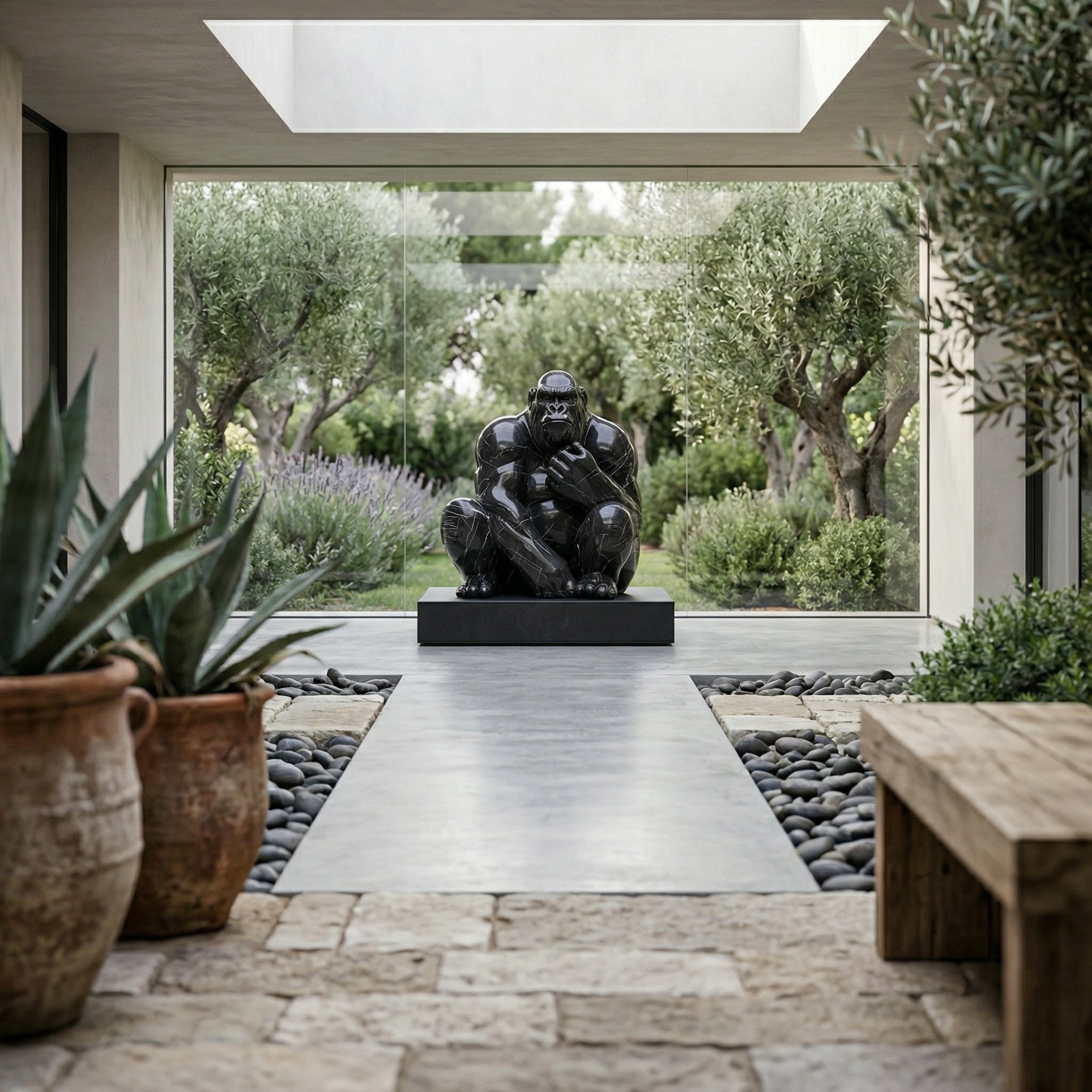 A stylish hallway with stone floors and potted plants leads to the Ebony Watchful Gorilla Marble Outdoor Sculpture (80cm) by Giant Sculptures, showcased by glass walls with a lush garden view.