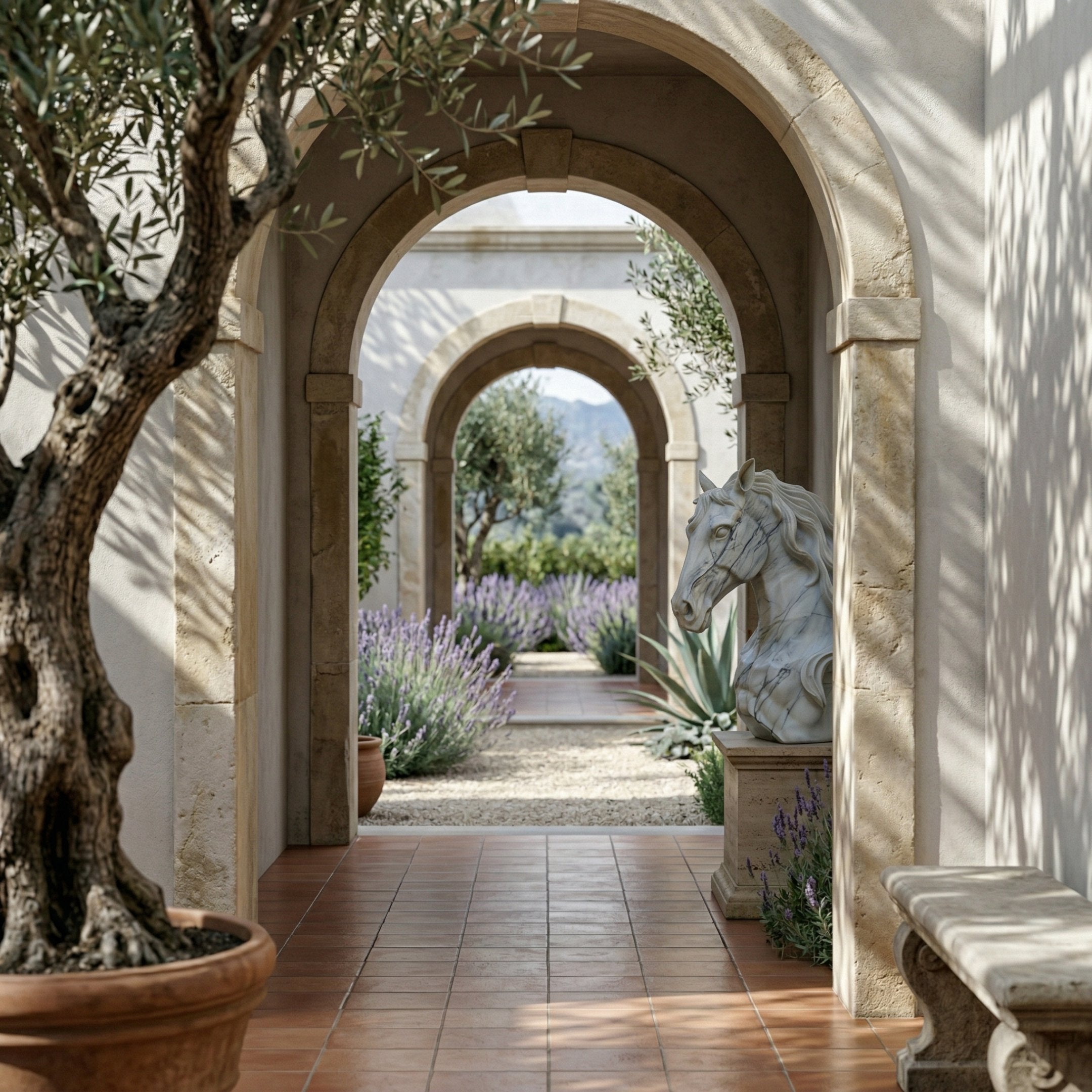 A terracotta-tiled corridor with stone arches, potted plants, and lavender features the Graceful Horse Head White Marble Outdoor Sculpture (60cm) by Giant Sculptures. Sunlight and shadows evoke a tranquil Mediterranean garden ambiance.