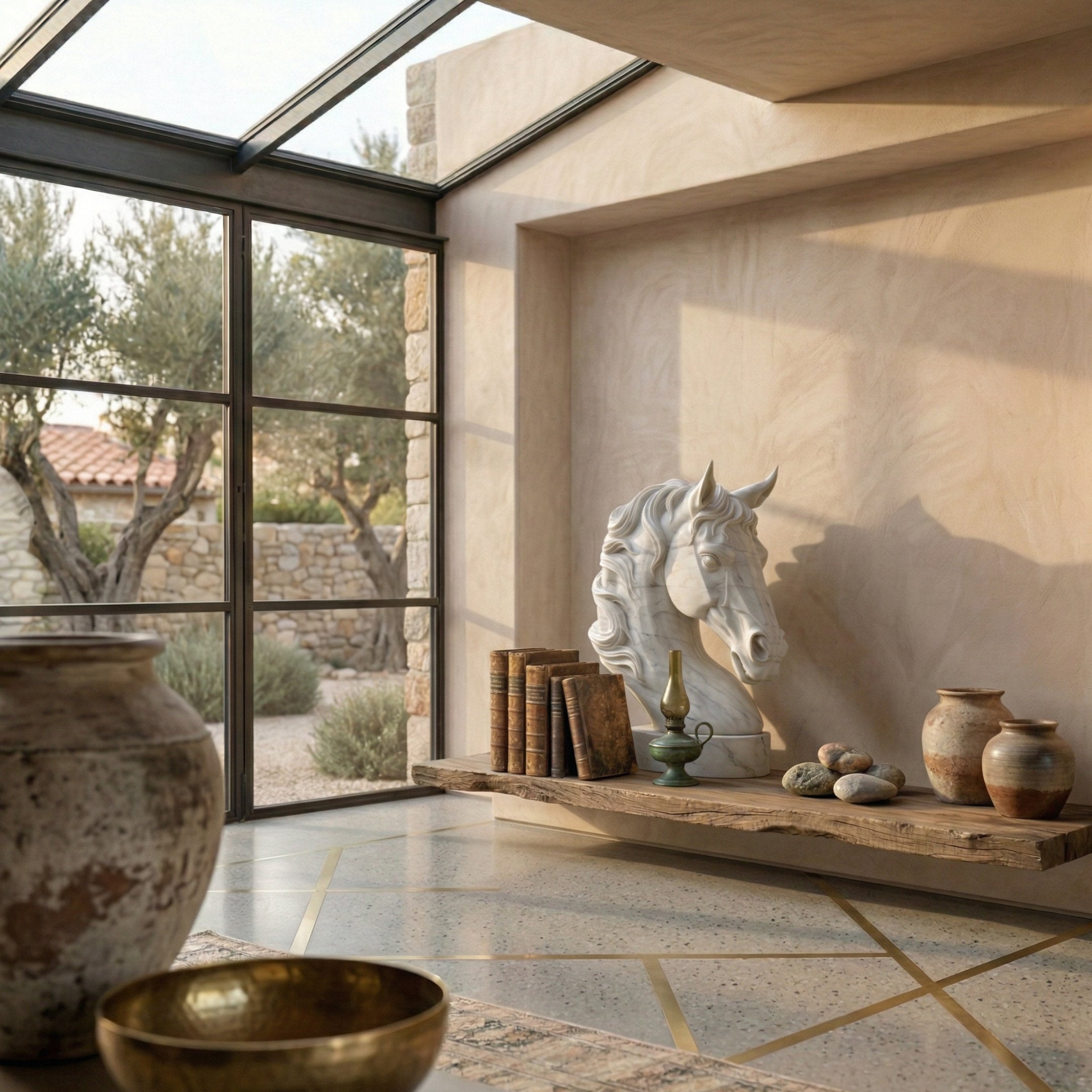 A sunlit room with a large window showcases the Regal Horse Head White Marble Outdoor Sculpture by Giant Sculptures (120cm), vintage books, ceramic vases, and decorative stones on a wooden shelf. Olive trees and a stone wall appear outside.