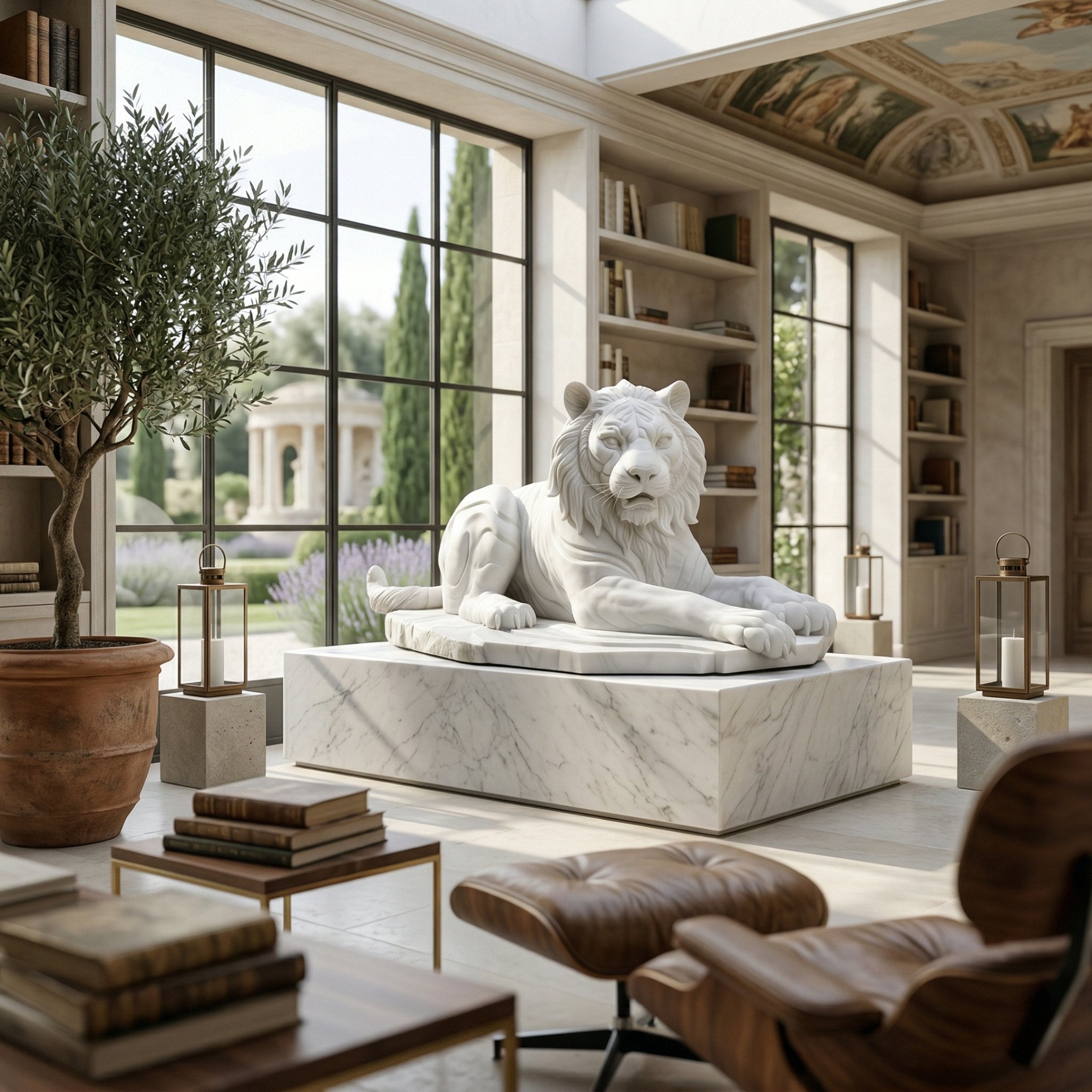 The Majestic Lying Tiger Marble Outdoor Sculpture (120cm) by Giant Sculptures rests on a pedestal in a sunlit library with tall windows, bookshelves, plants, elegant furniture, and views of a garden and classical building outside.