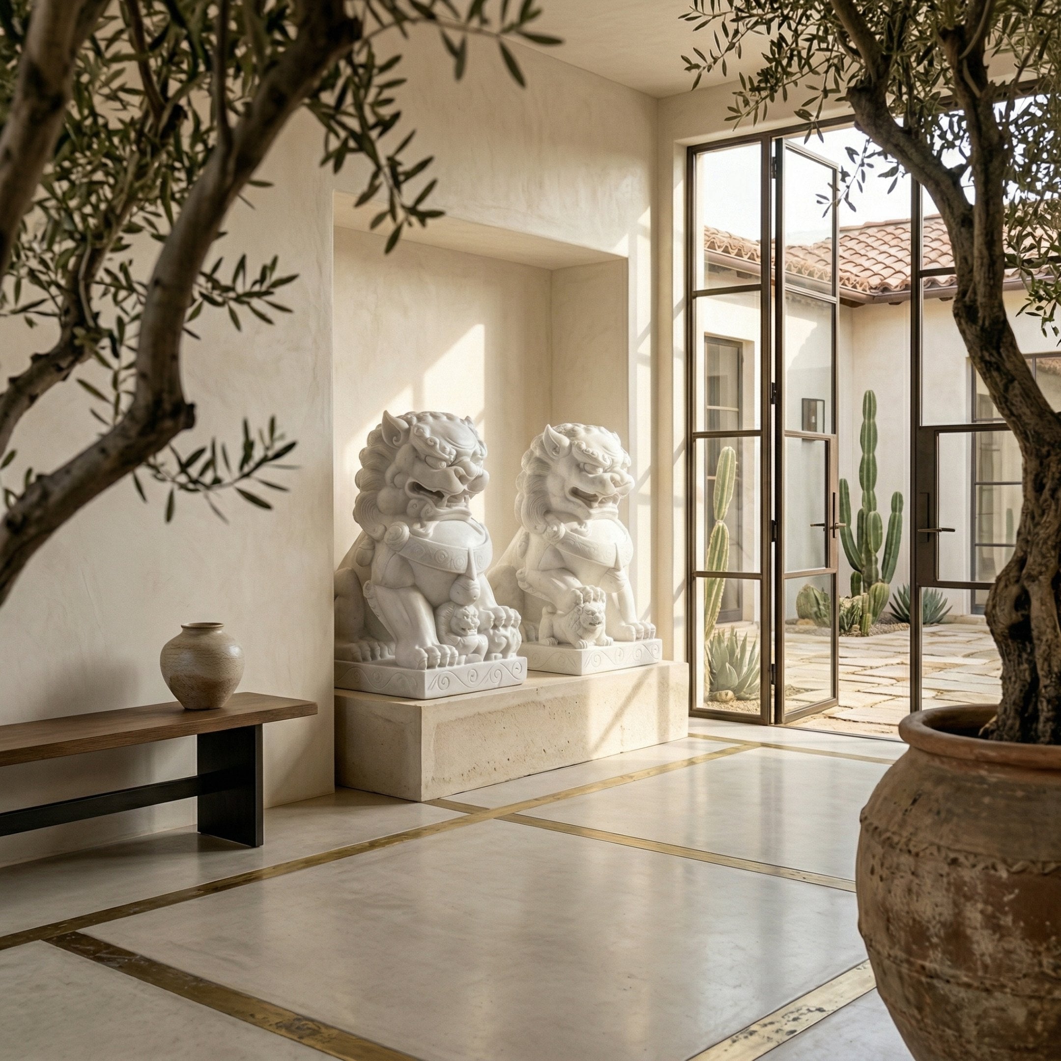 Sunlit entryway with two Giant Sculptures Chinese Guardian Lion VII Marble Outdoor Sculptures (120cm), large potted plants, a wooden bench with a ceramic vase, and floor-to-ceiling glass doors leading to a cactus- and succulent-filled courtyard.