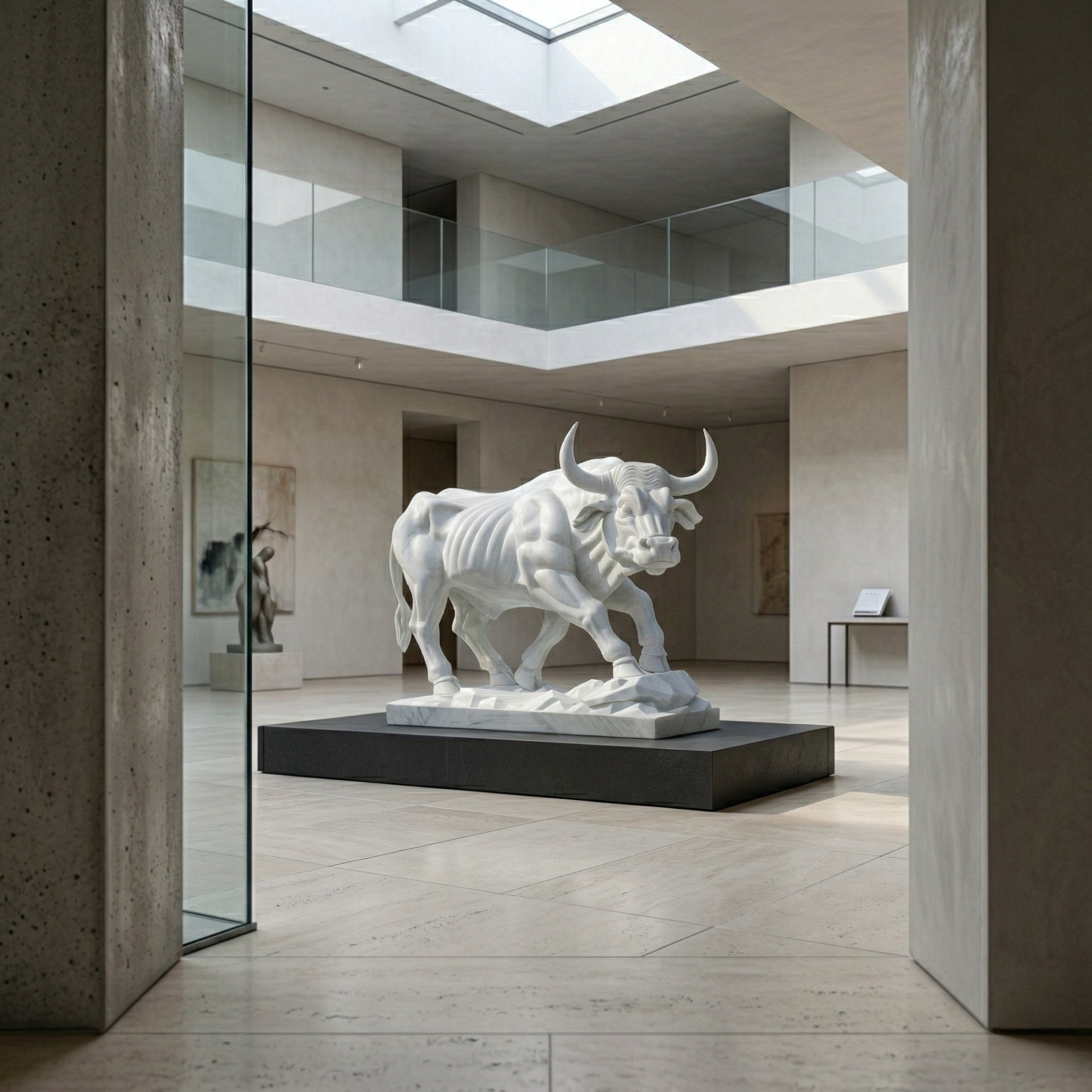 The Powerful Bull White Marble Outdoor Sculpture (150cm) by Giant Sculptures is showcased on a black pedestal in a modern, light-filled gallery with minimalist walls and glass panels, creating an open and airy ambiance.