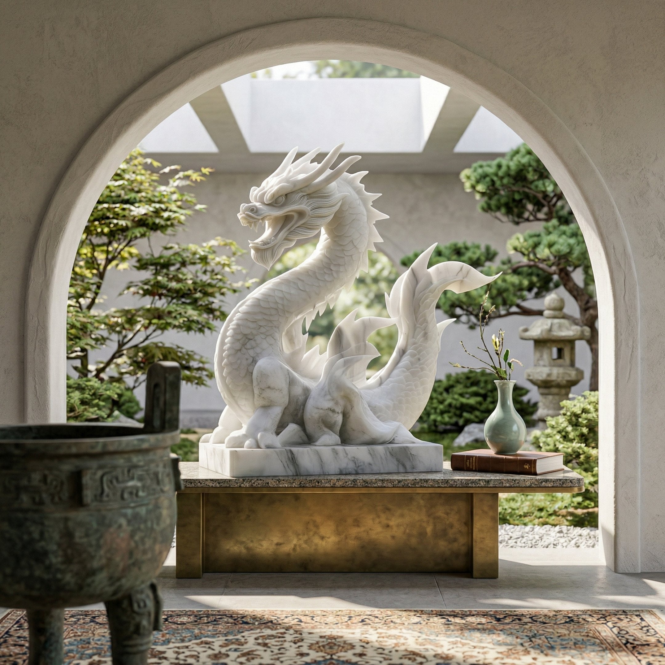 The Mystical Dragon White Marble Outdoor Sculpture - 100cm by Giant Sculptures stands on a marble base in a tranquil garden with books, flowers in a vase, a large urn, and lush greenery framed by an arched doorway.