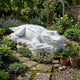 The Crocodile I White Marble Outdoor Sculpture by Giant Sculptures (60cm) sits on a stone platform in a lush garden, surrounded by flowering and potted plants, green foliage, stone pathways, and a wooden garden arch.