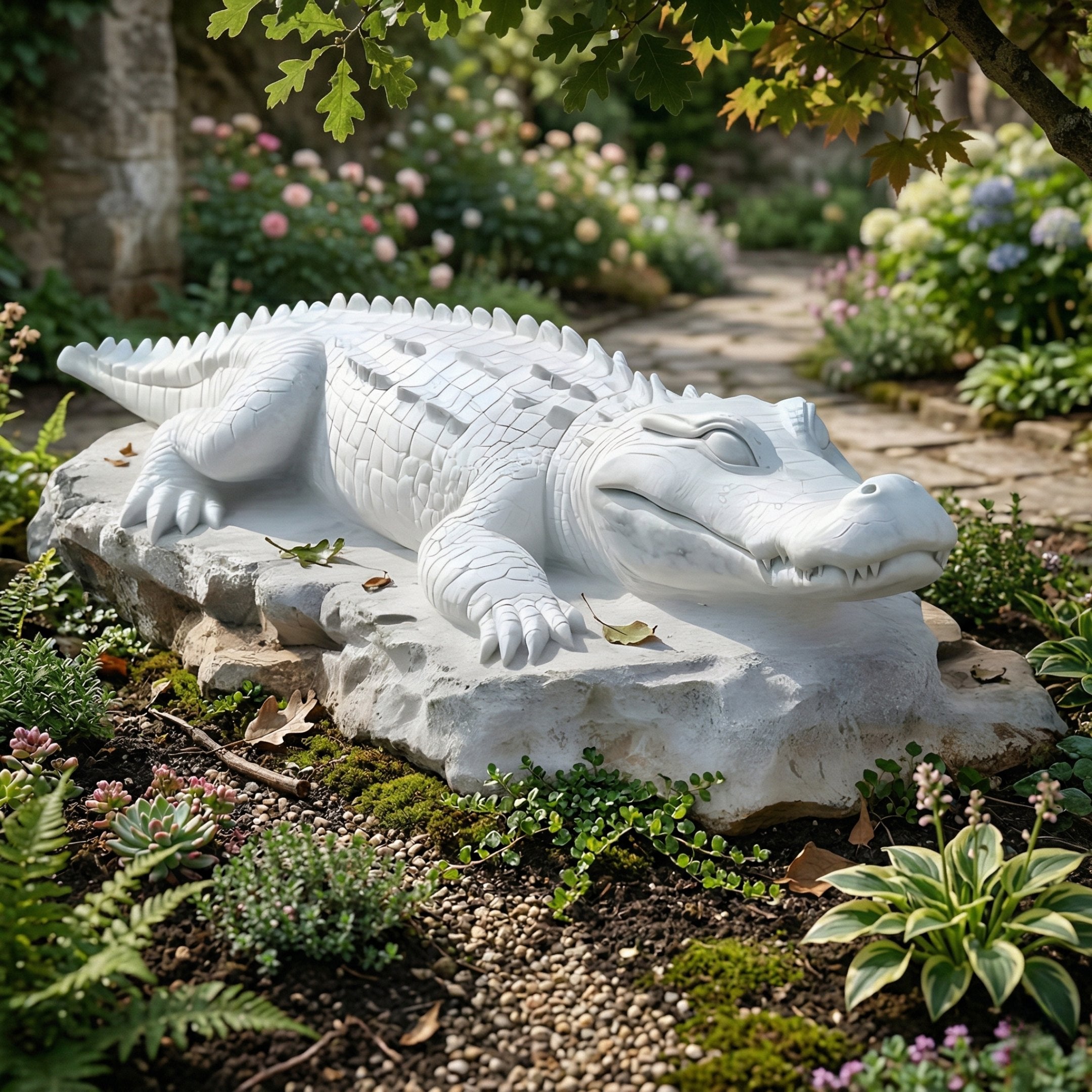 The Crocodile I White Marble Outdoor Sculpture - 60cm by Giant Sculptures is an elegant wildlife-inspired piece, shown resting on a stone slab amid lush garden plants and greenery, blending artfully with its natural outdoor surroundings.