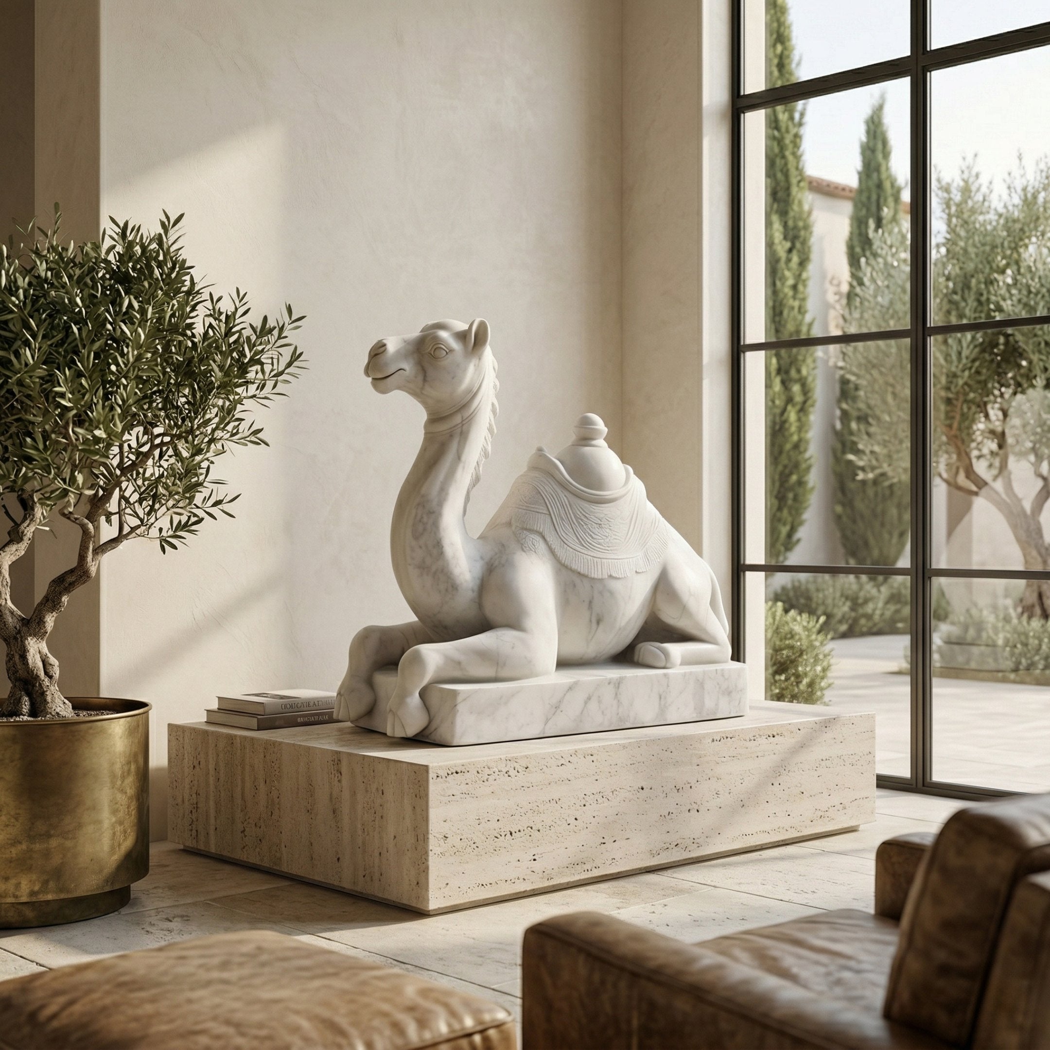 The Ornate Saddled Camel Marble Outdoor Sculpture - 150cm by Giant Sculptures is showcased on a stone pedestal in a bright, elegant room with large windows, natural light, potted plants, and refined garden marble decor.
