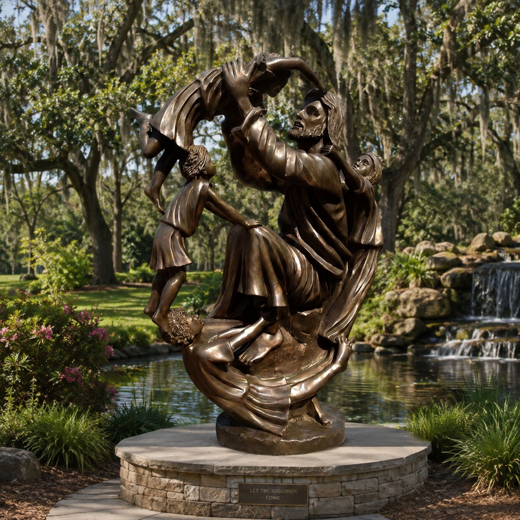 Monumental Classical Bearded Figure with Children Bronze Sculpture, 300cm, in a garden setting beside a pond, showing a bearded bronze figure lifting and surrounded by children in a swirling composition on a round stone base.