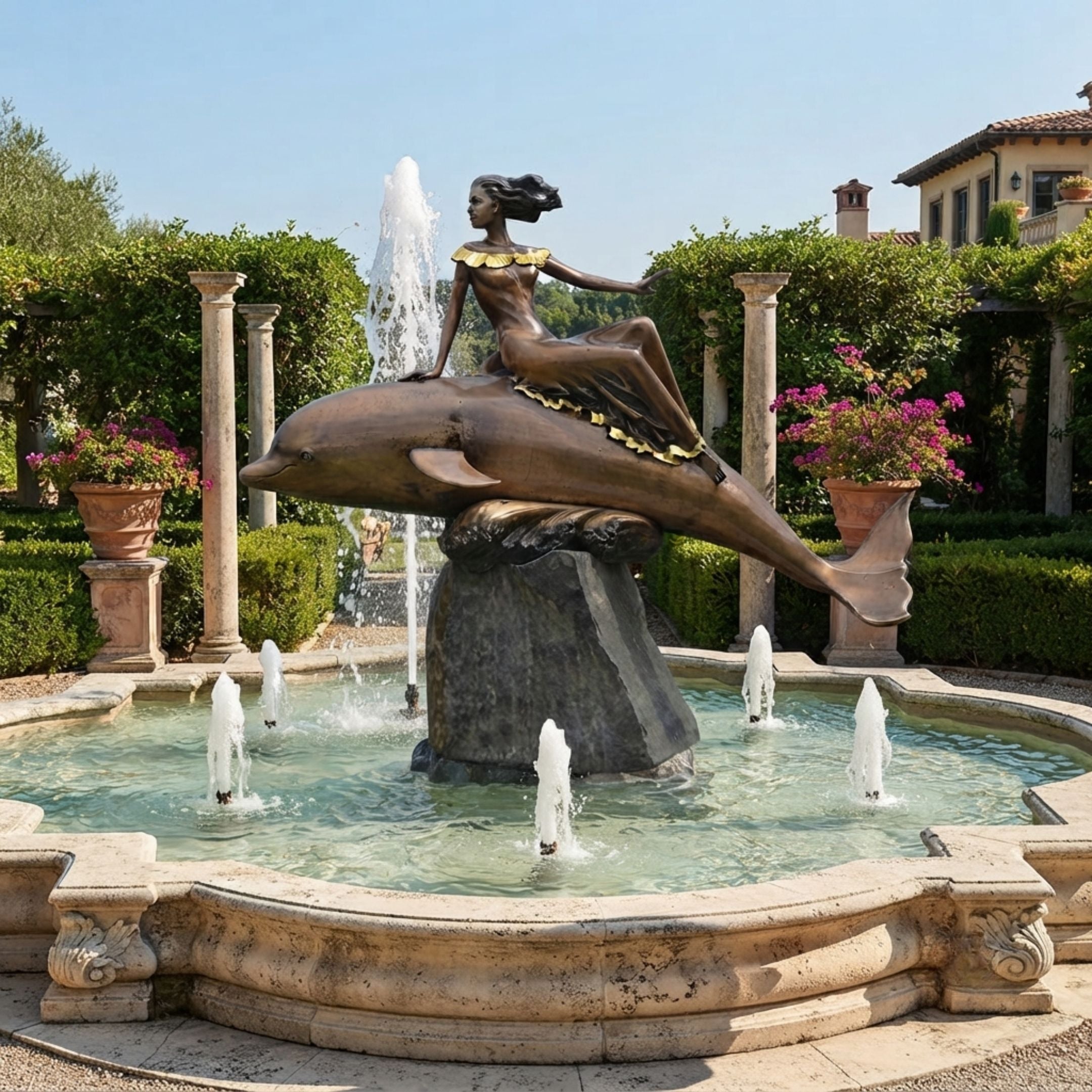 Monumental Classical Female Figure on Dolphin Bronze Sculpture by Giant Sculptures, 350cm, on stone plinth in a garden fountain with columns and flowers.