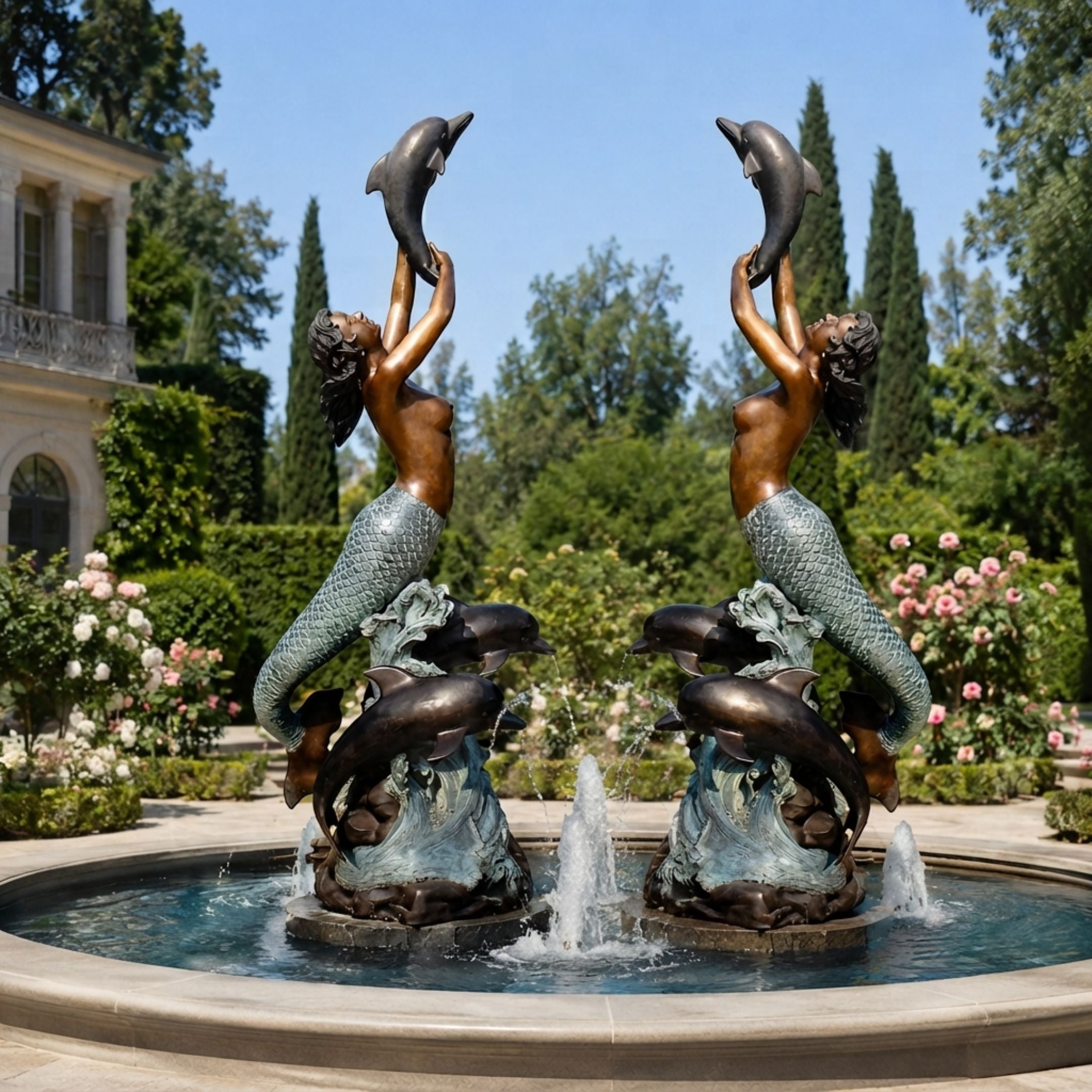 Mirrored view of the Monumental Classical Mermaid and Dolphin Bronze Sculpture by Giant Sculptures in a rose garden fountain, dual-tone bronze and verdigris finish.