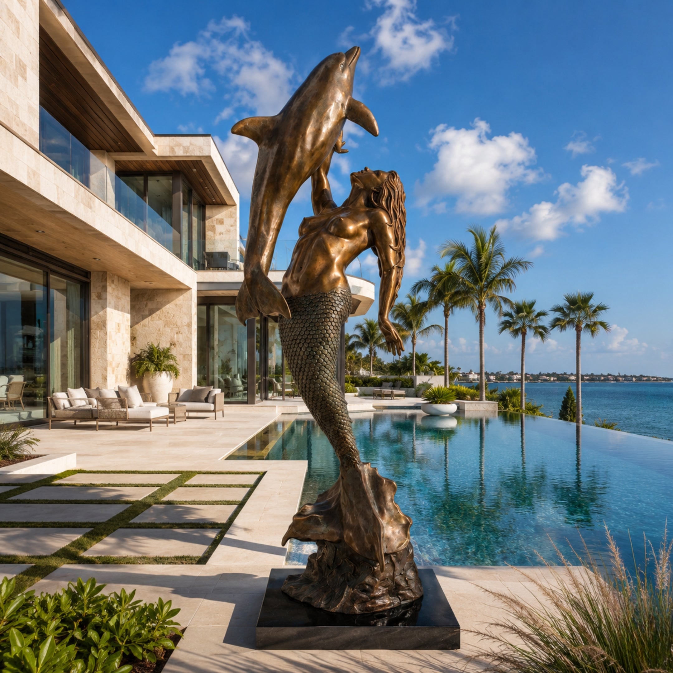 Monumental Classical Mermaid and Dolphin Bronze Sculpture by Giant Sculptures displayed poolside at a modern waterfront villa with palm trees.